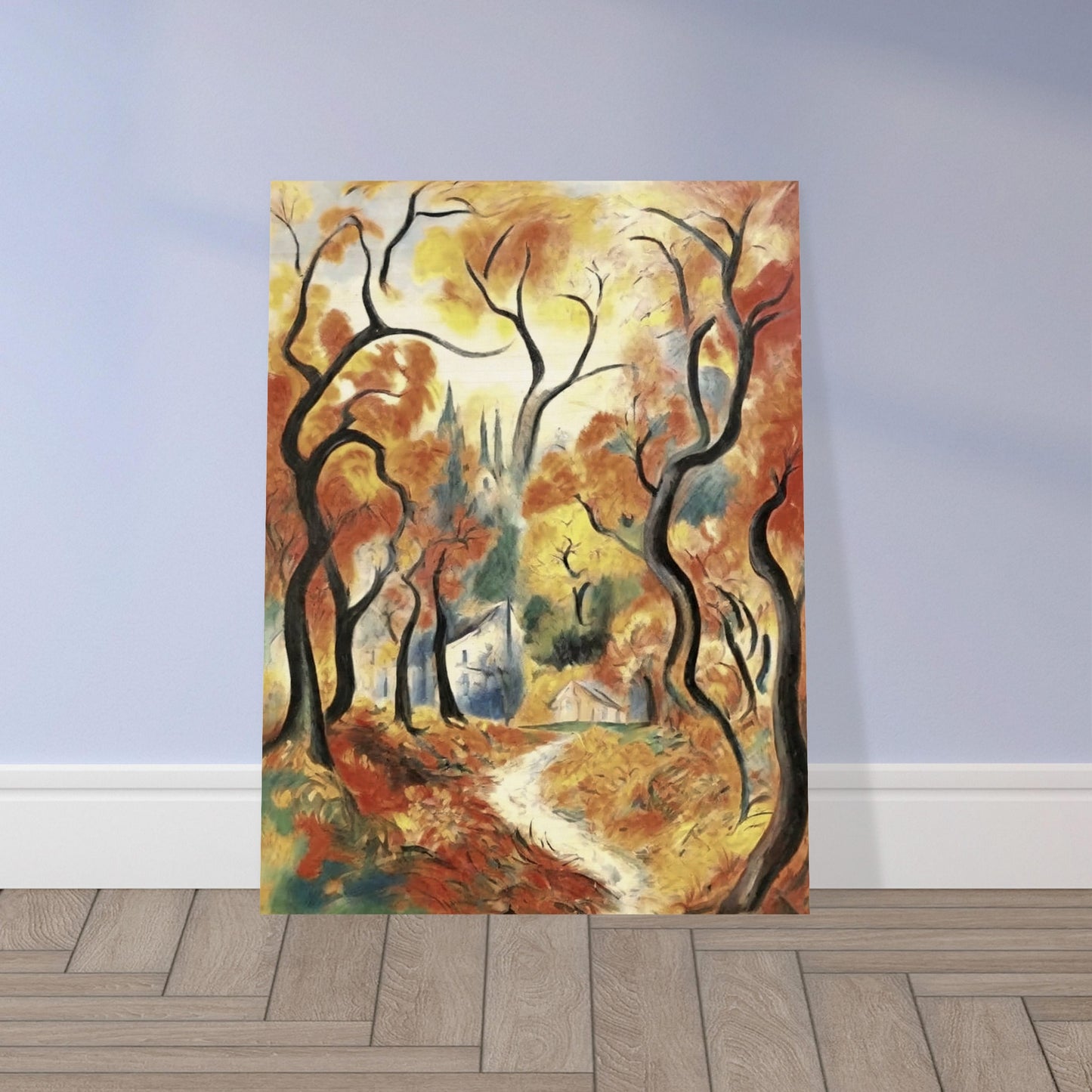 "A vibrant autumn landscape with twisted trees and a winding path leading to a cottage, framed by golden and orange leaves."