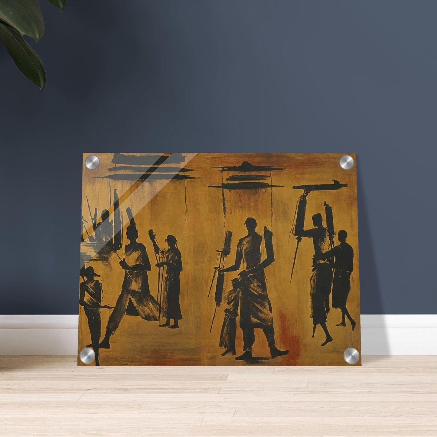 A painting of dark silhouettes of people in motion against a warm, textured background, evoking a sense of movement and rhythm.