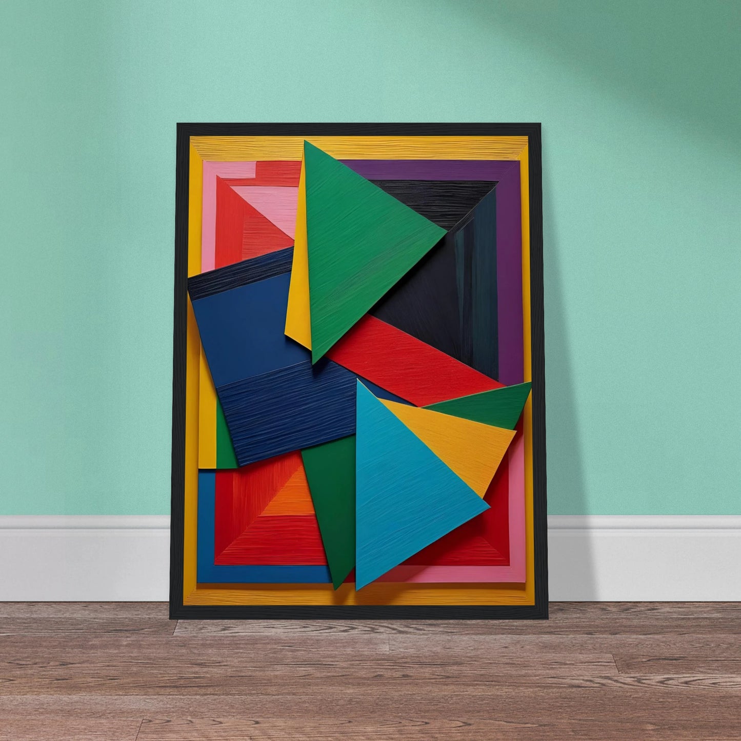 A vibrant arrangement of layered geometric triangles and rectangles in bold, textured colors on a yellow-framed background.