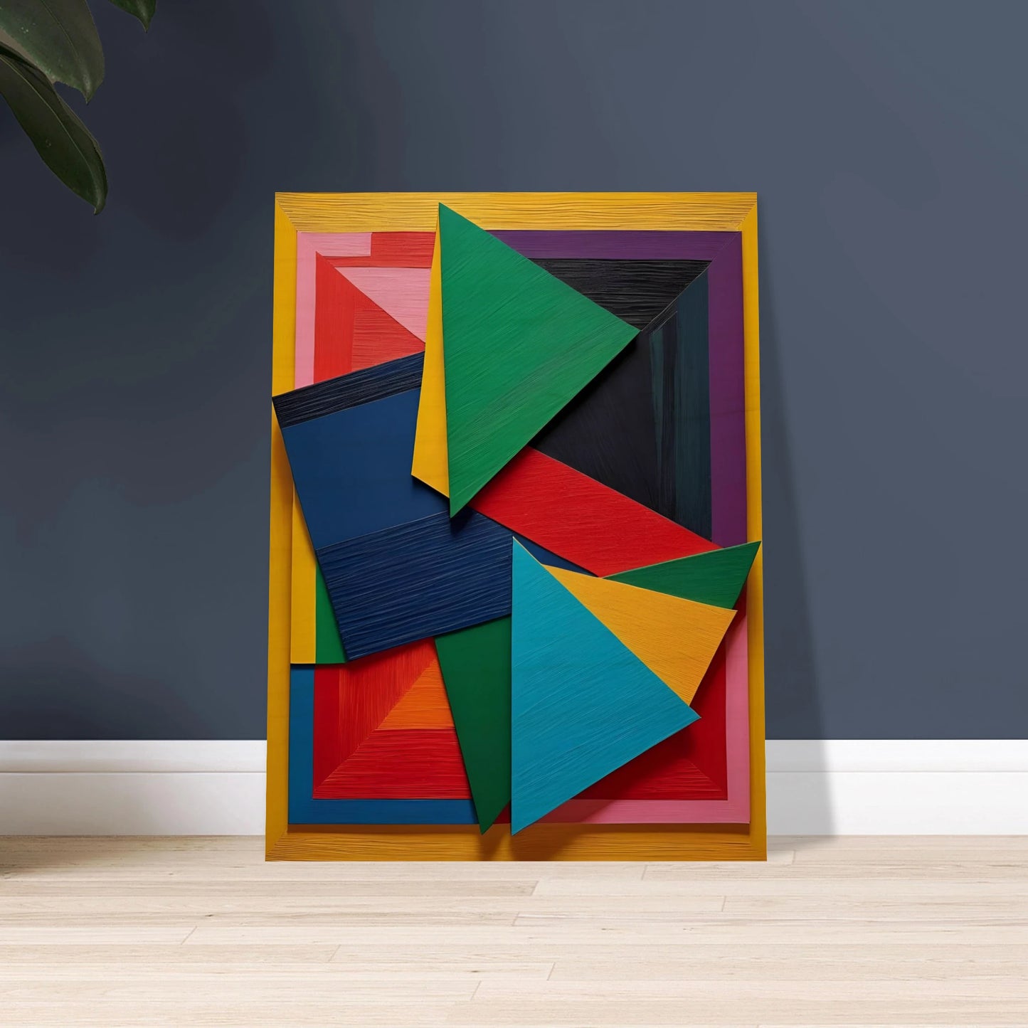 A vibrant arrangement of layered geometric triangles and rectangles in bold, textured colors on a yellow-framed background.