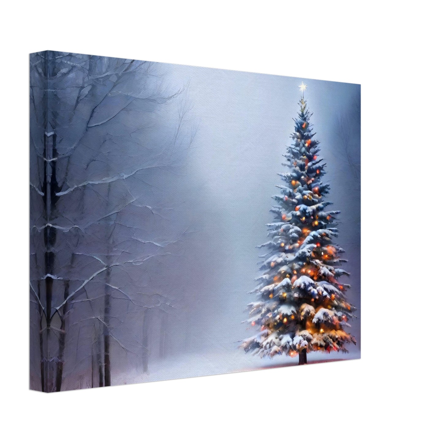 A snow-covered Christmas tree glowing with warm lights, standing alone in a misty winter forest, surrounded by frosted trees and soft light.