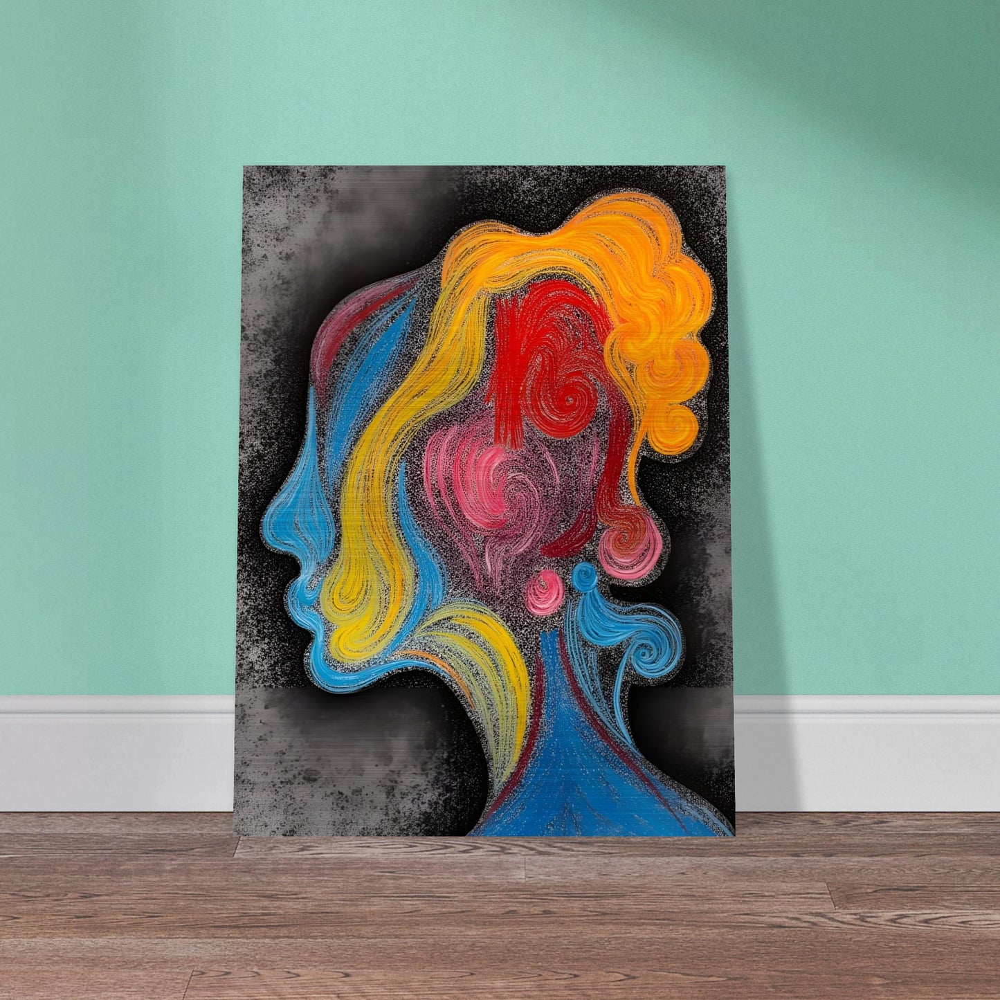A vibrant profile of a human face outlined in swirling strokes of red, blue, yellow, and pink on a smoky gray background.