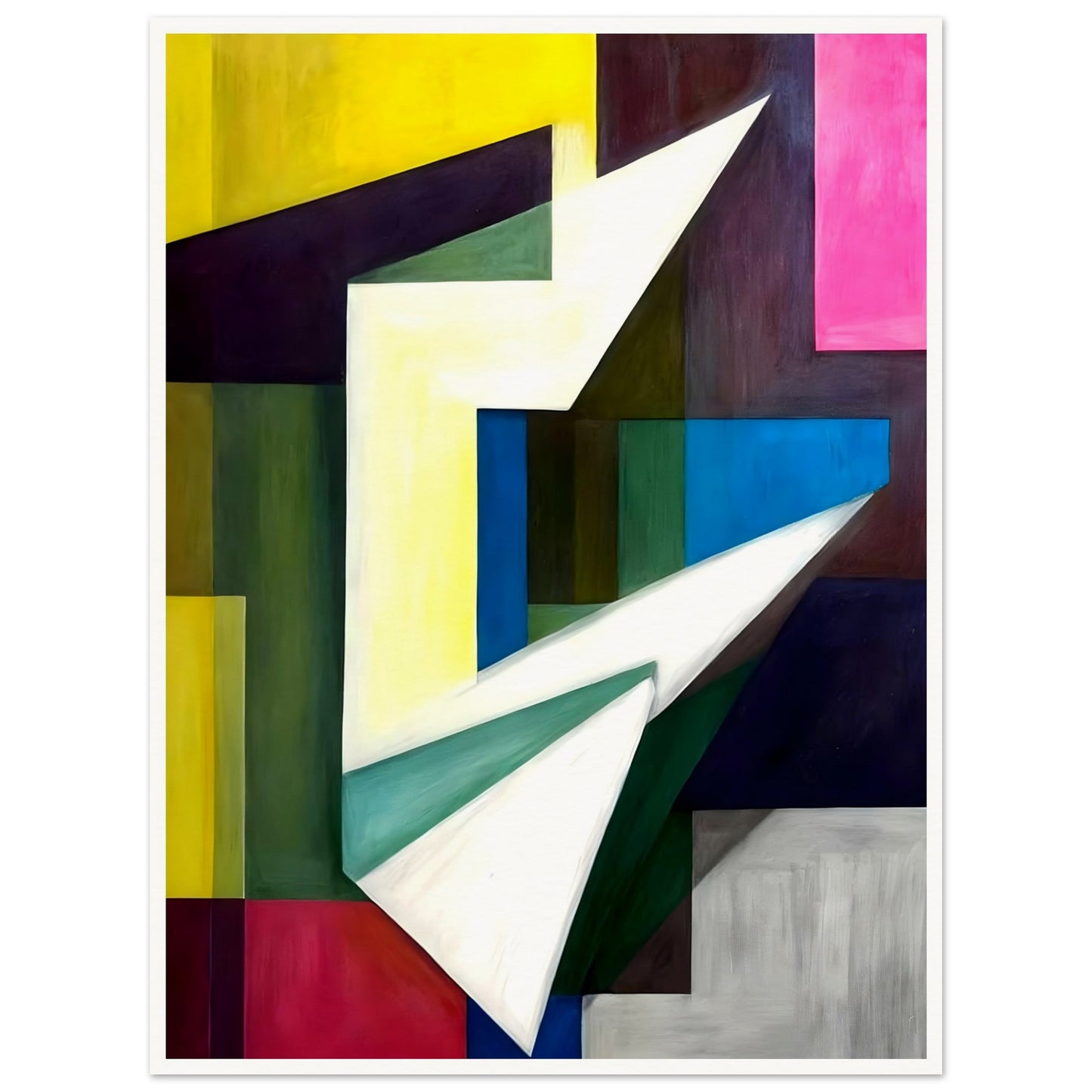 A bold geometric composition featuring sharp angles and planes, with vibrant blocks of yellow, green, blue, and pink forming a dynamic interplay of light and shadow.