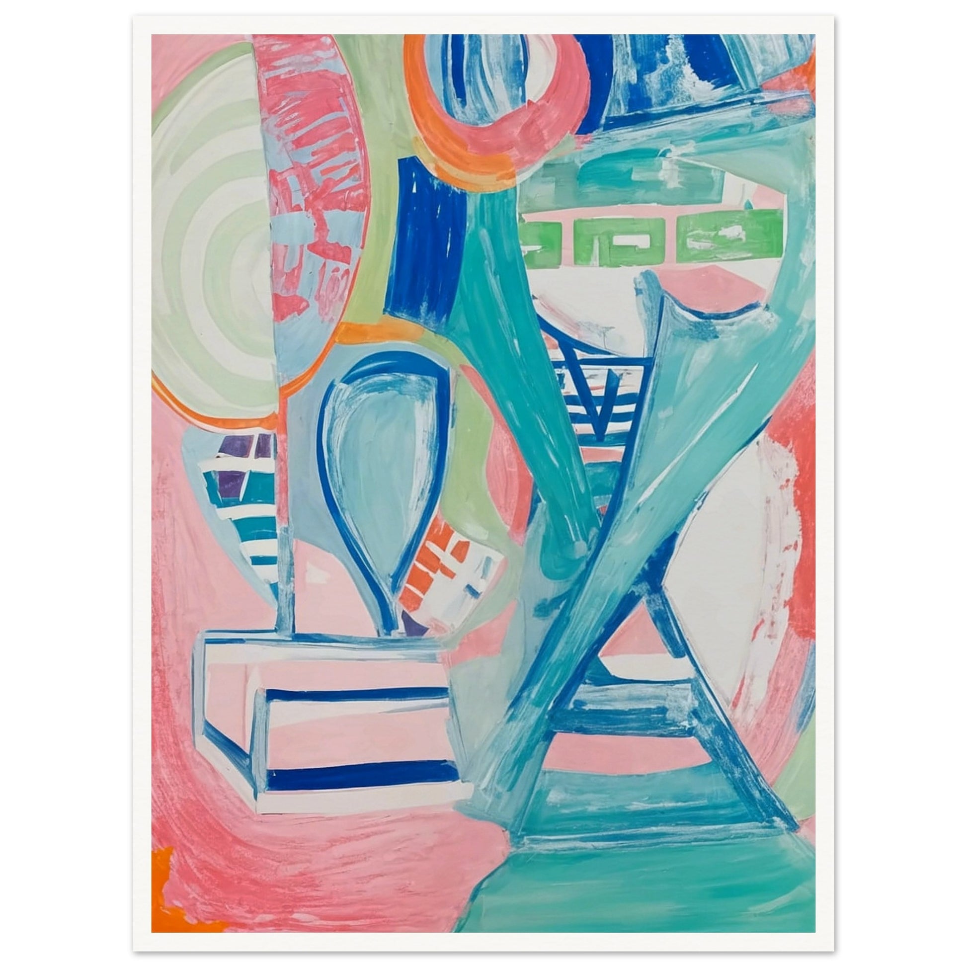 A dynamic interplay of pastel colors and geometric shapes creating a lively abstract composition full of energy and movement.