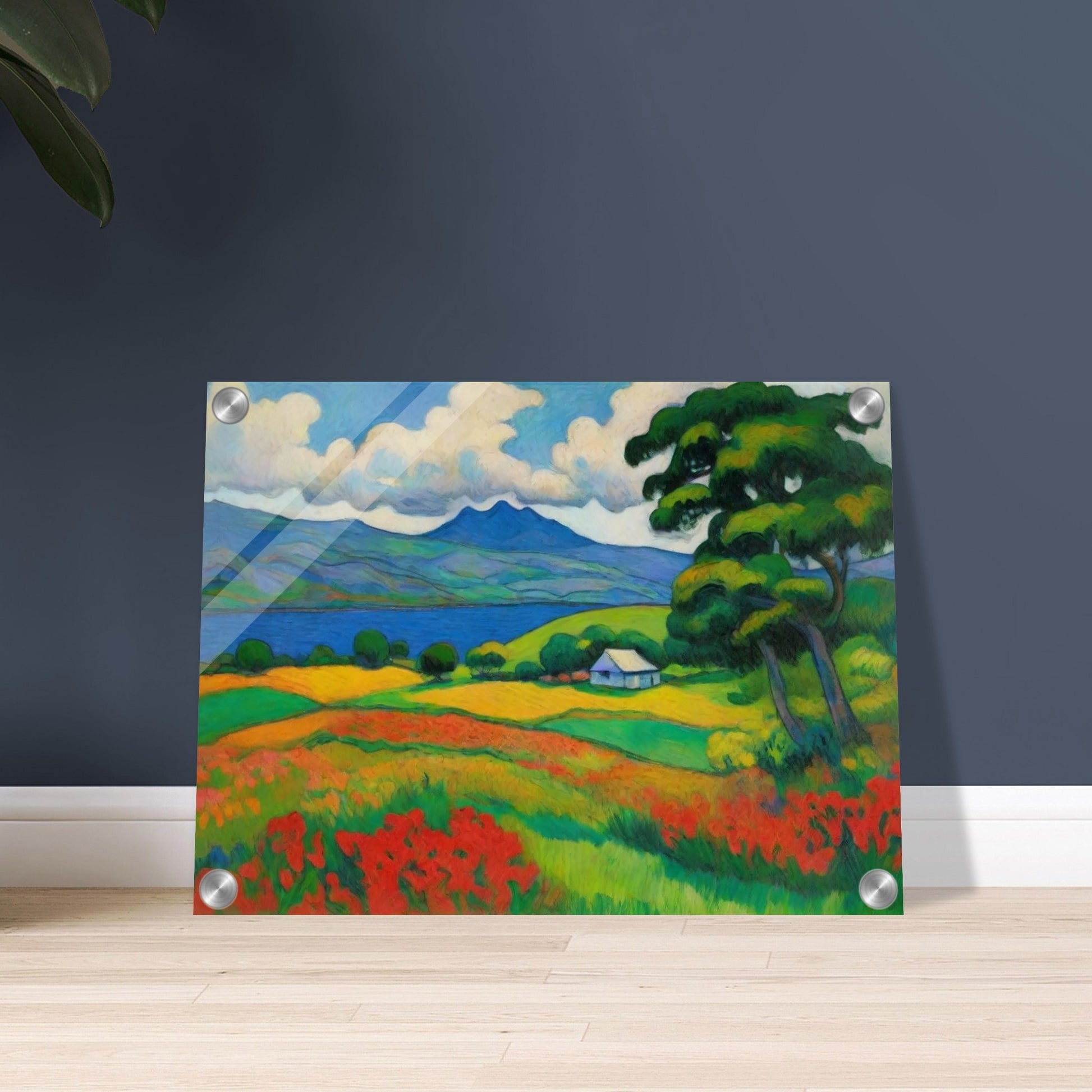 "A vibrant landscape painting featuring rolling hills, a calm lake, and colorful fields of red, yellow, and green, with a distant mountain."