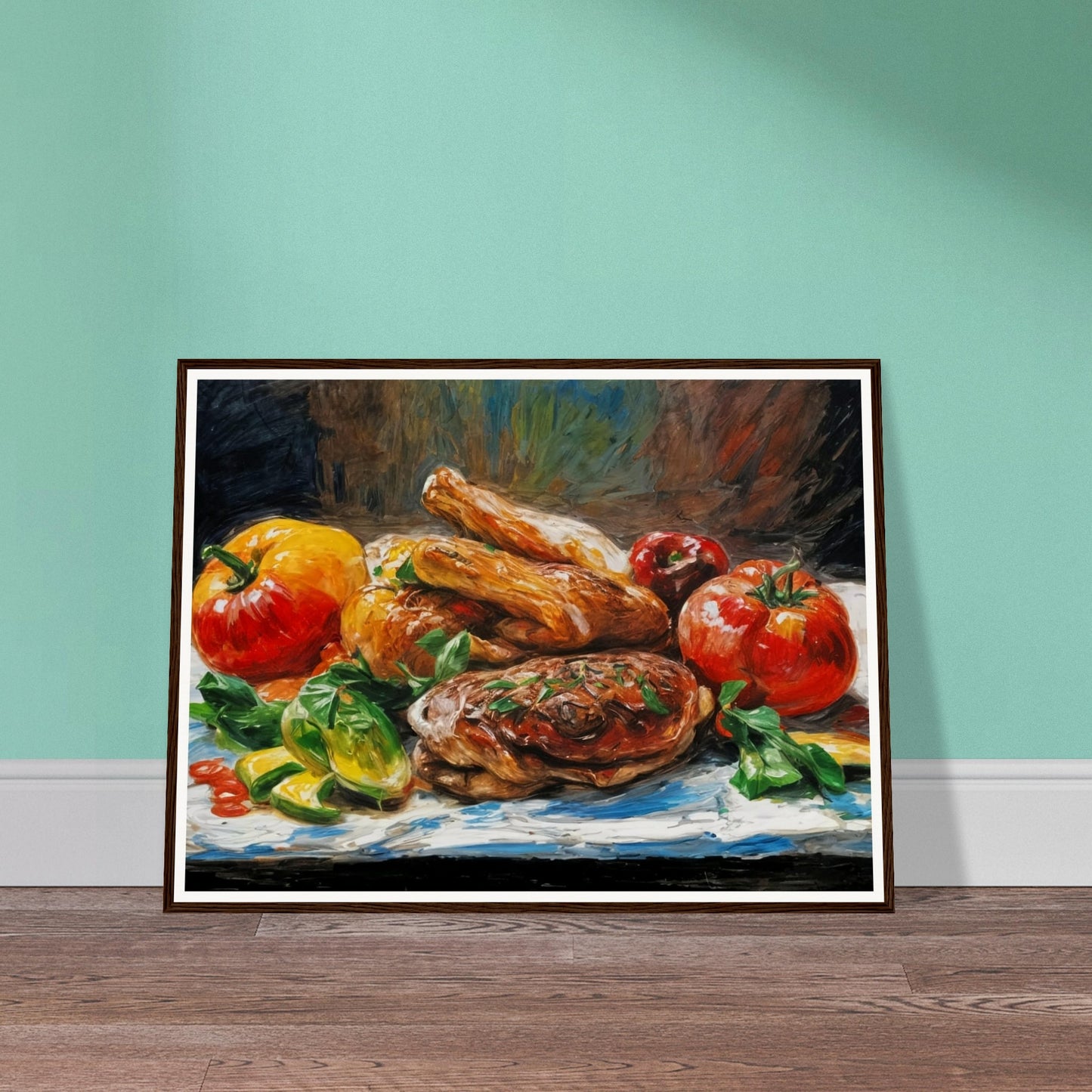 A colorful arrangement of roasted meats and fresh vegetables, including bright tomatoes and peppers, displayed on a rustic background.