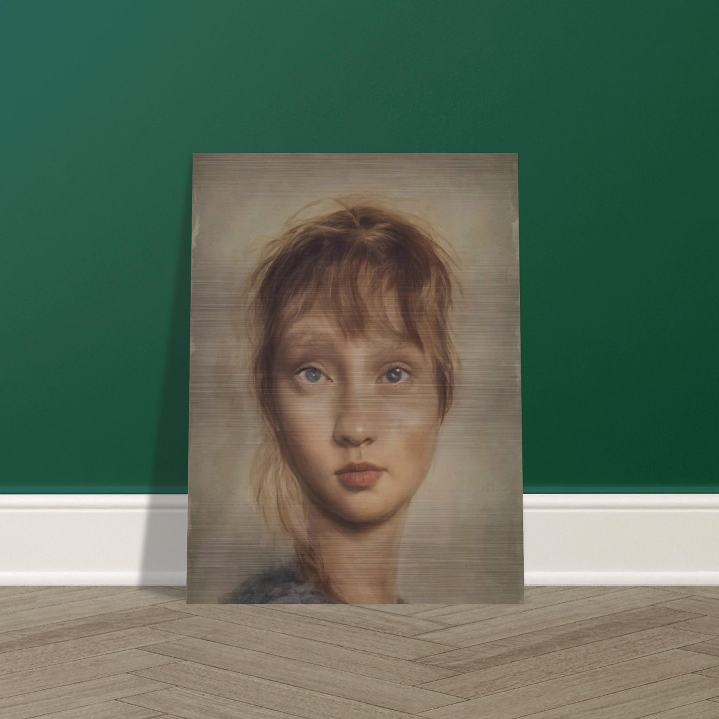 A realistic portrait of a young woman with soft features, pale blue eyes, and light brown hair, gazing forward with a serene expression in muted, natural tones.