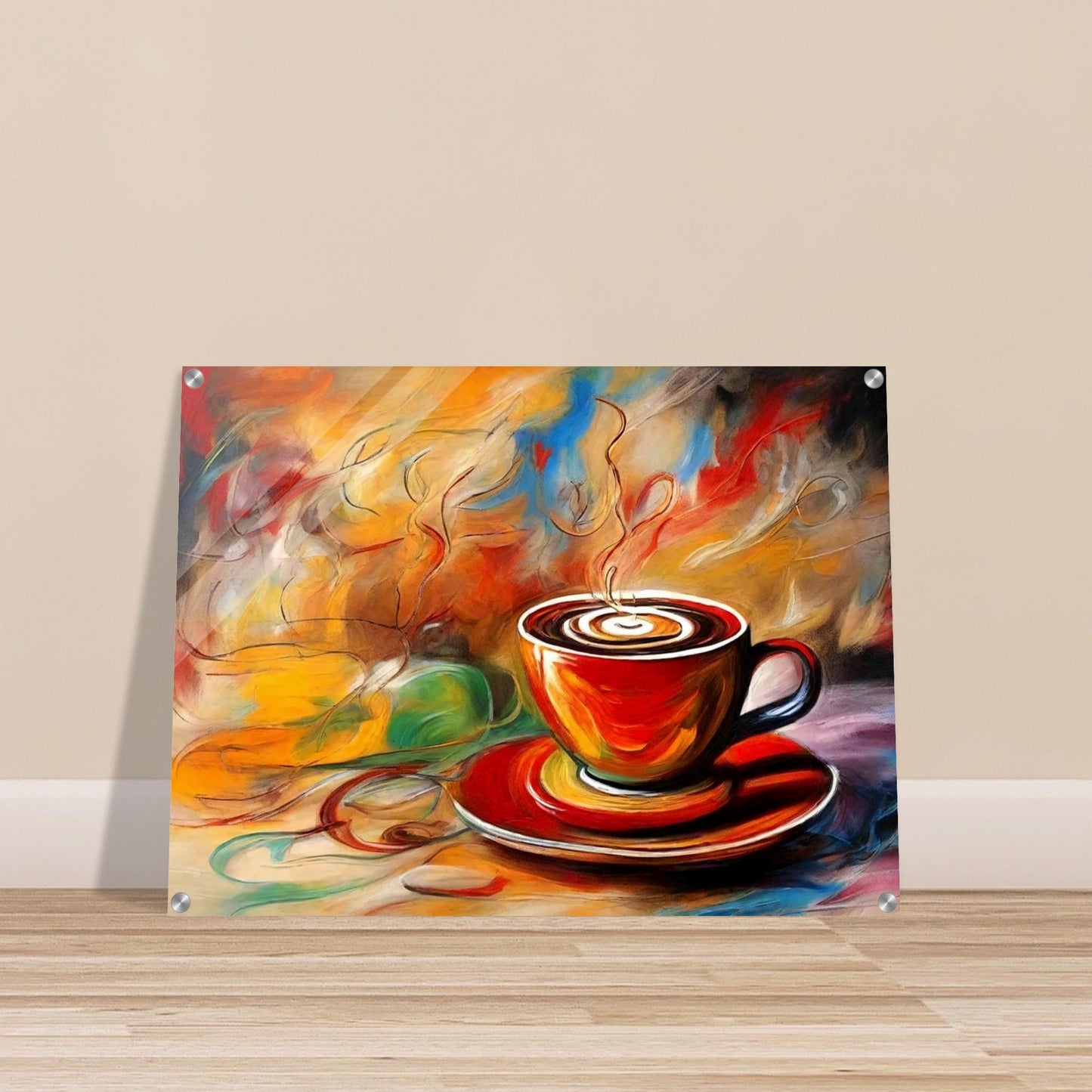 "An expressive painting of a steaming cup of coffee in a red cup with swirling colors of orange, yellow, and blue in the background."