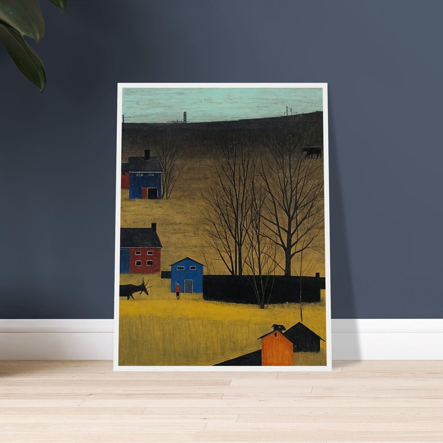 A peaceful rural landscape with houses, trees, and a donkey under a clear sky in autumn.