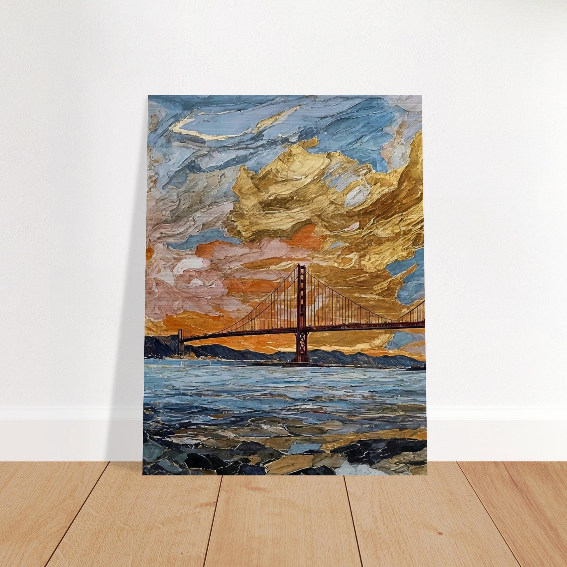 "A vibrant painting of a bridge at sunset, with dramatic golden clouds filling the sky and reflecting off the water below."