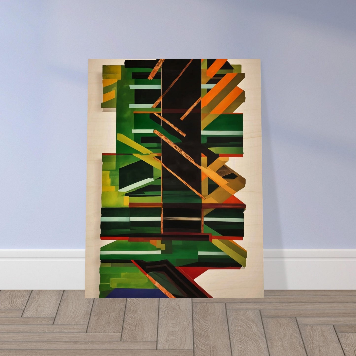 A dynamic and visually engaging abstract painting featuring a complex arrangement of geometric shapes and lines in green, black, orange, and yellow. Central focus on a large black vertical shape with intersecting diagonal and horizontal lines, creating depth and movement.
