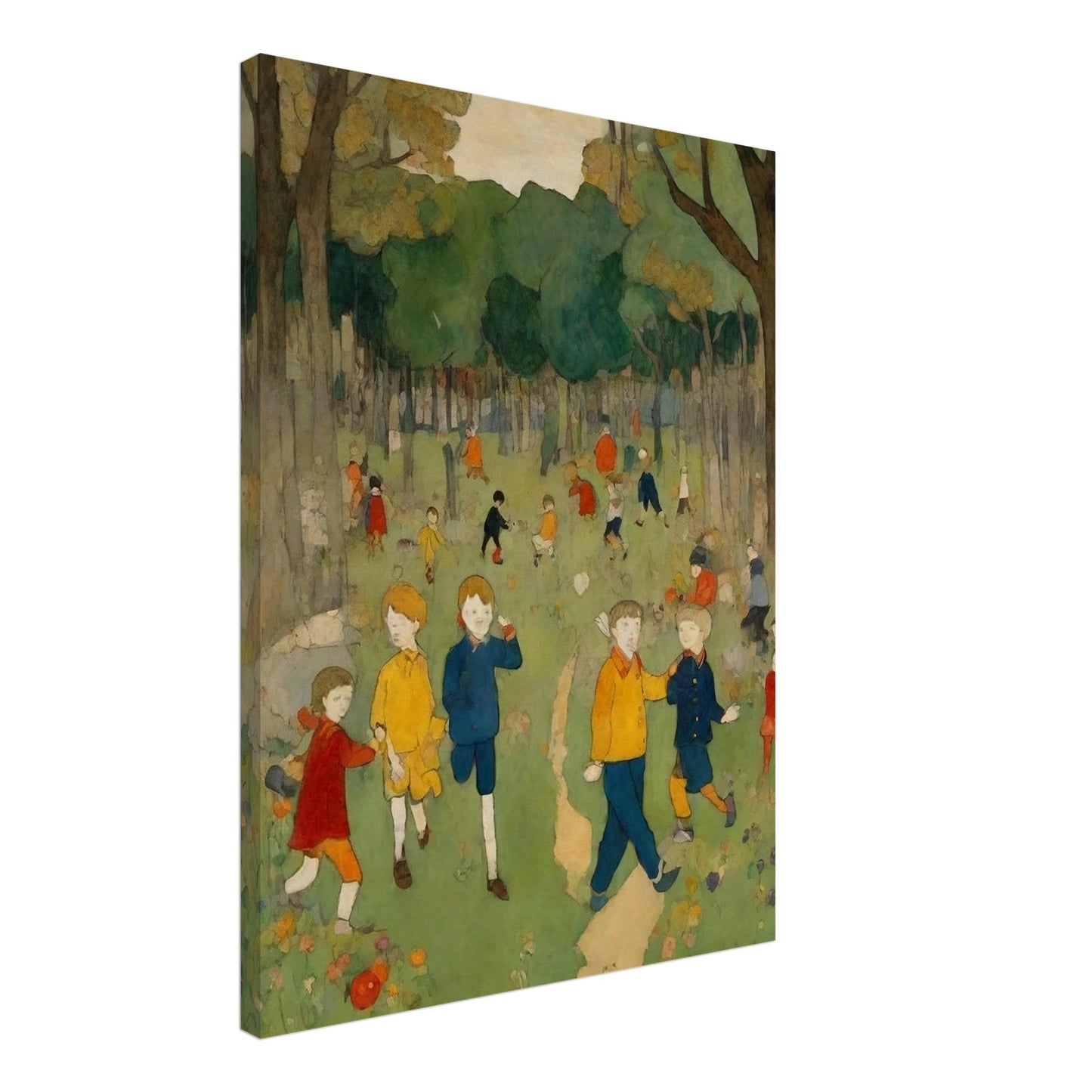 "A nostalgic painting of children playing and exploring in a bright green forest clearing, surrounded by tall trees and colorful wildflowers."