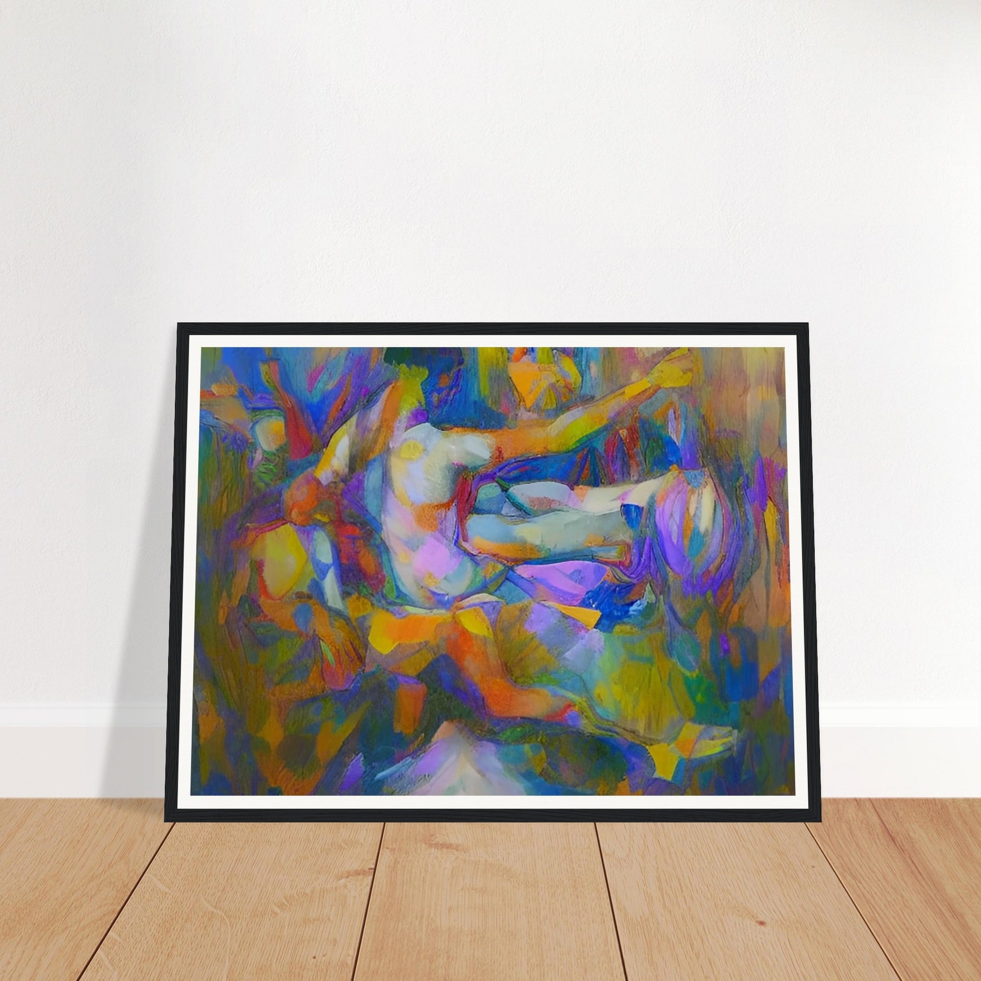 An abstract painting of human figures with vibrant, dynamic colors and forms creating a sense of movement and energy.
