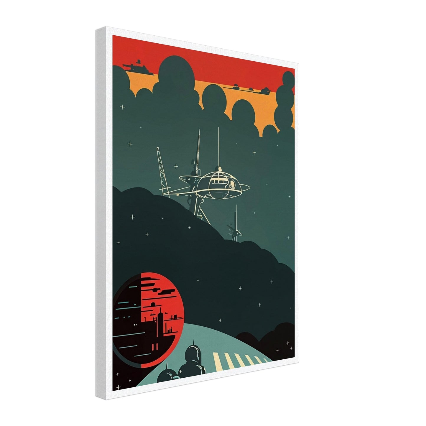 A futuristic scene featuring a space station silhouetted against a dark sky with a glowing red planet in the background, capturing a moment of eerie calm in space.