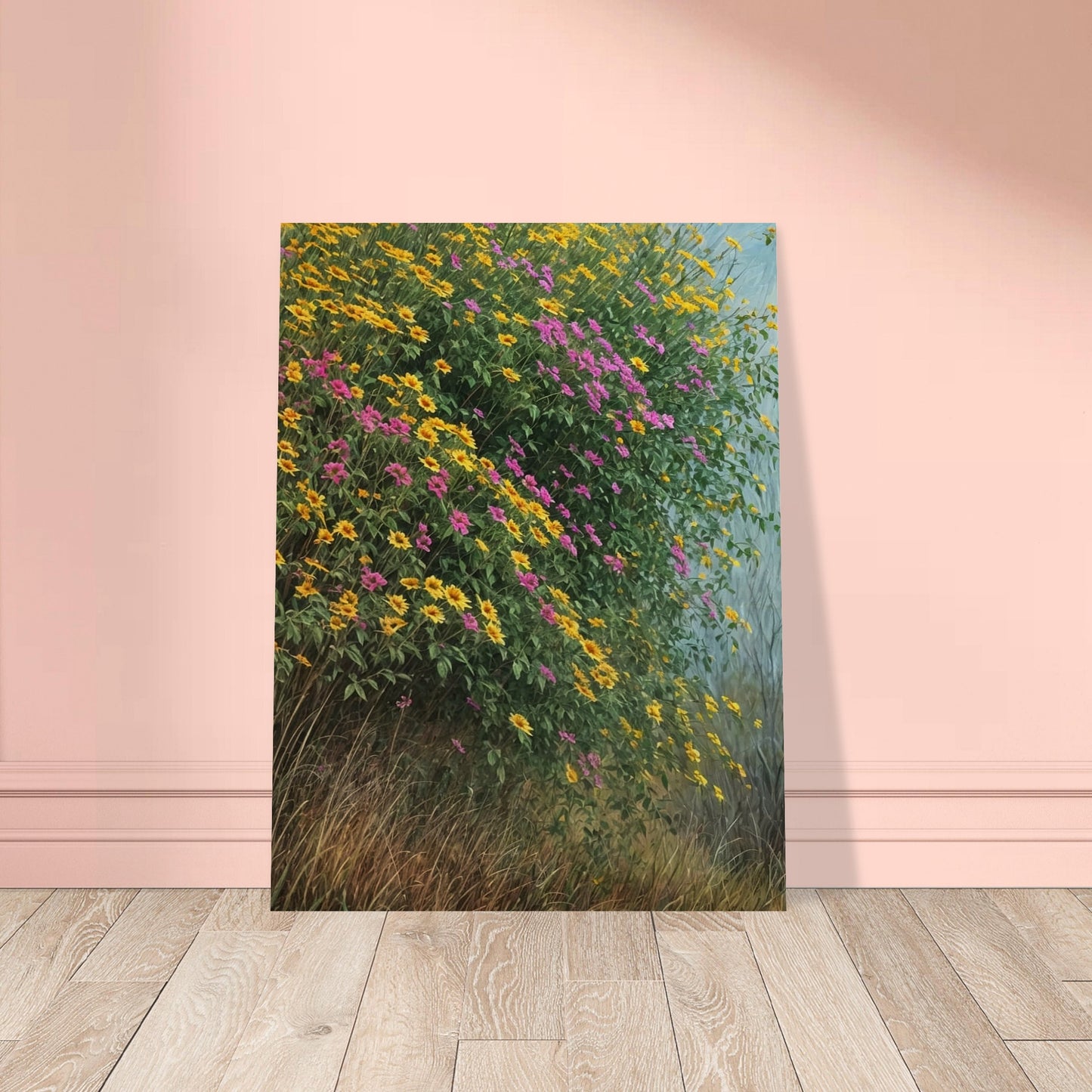 A vibrant painting of yellow and pink wildflowers cascading over a hillside with lush green foliage and tall grass.