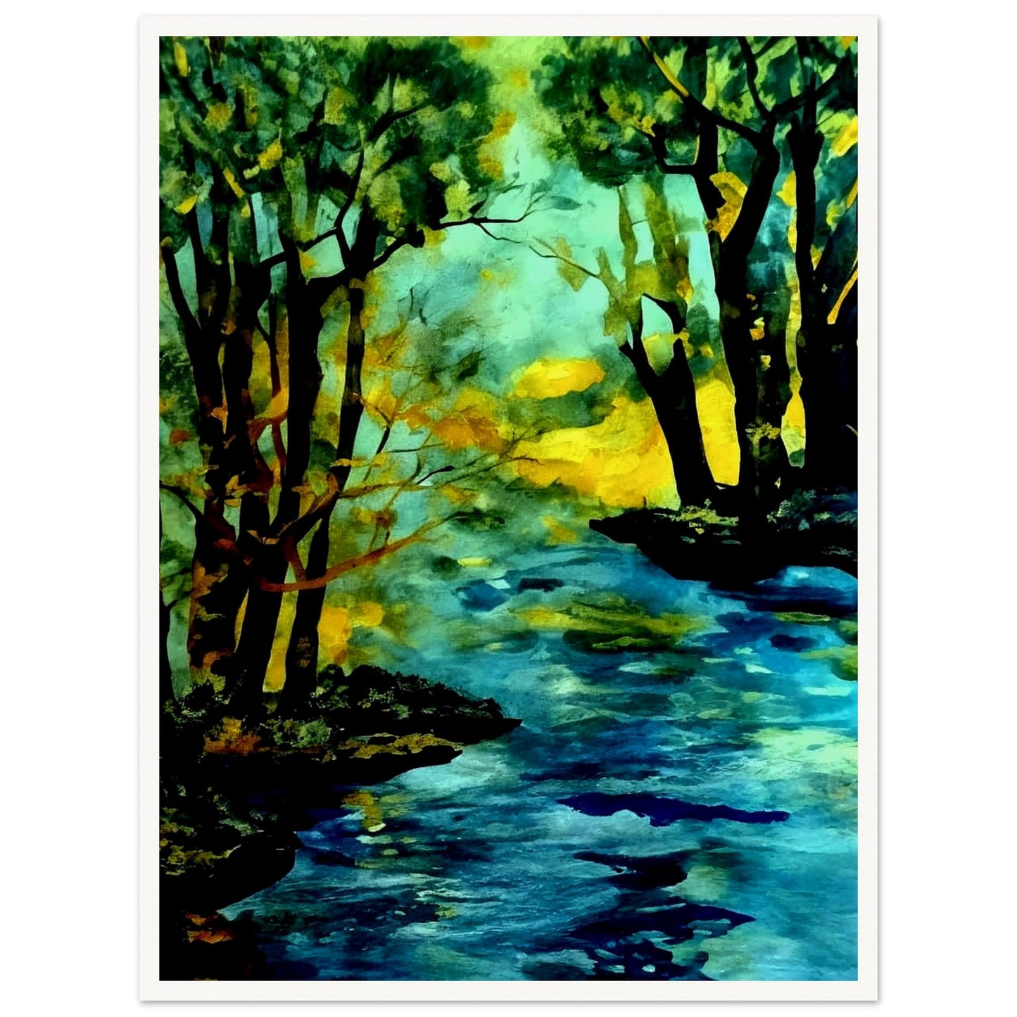 A vibrant landscape painting of a river flowing through a forest, with trees reflecting in the water and a warm glow of sunlight in the background, evoking tranquility and nature's beauty.