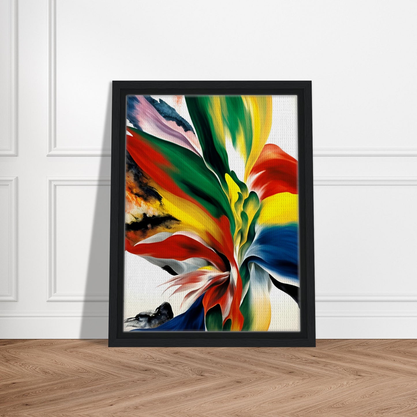 A dynamic explosion of vivid reds, yellows, blues, and greens blending in fluid motion, resembling an ethereal floral bloom or flame.
