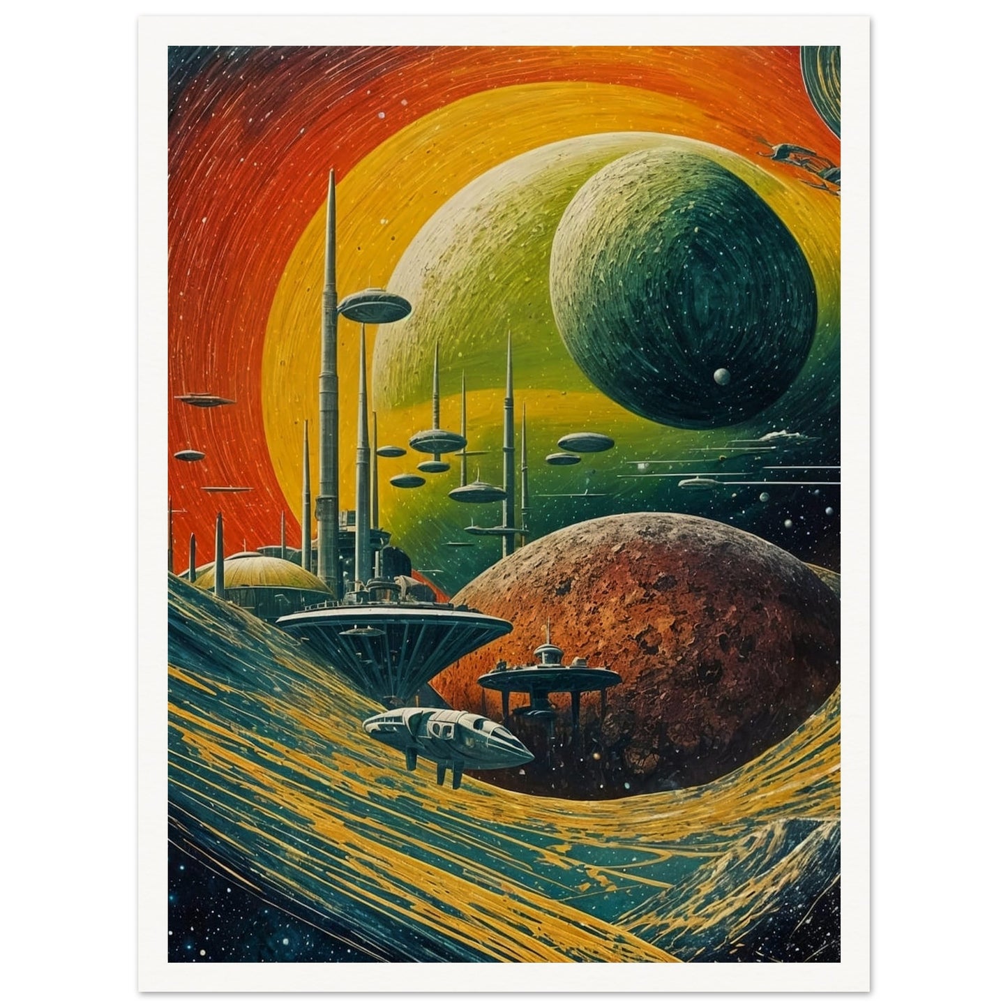 A vivid depiction of a futuristic planetary system with towering structures and spacecraft amidst swirling cosmic landscapes, evoking a sense of exploration and wonder.