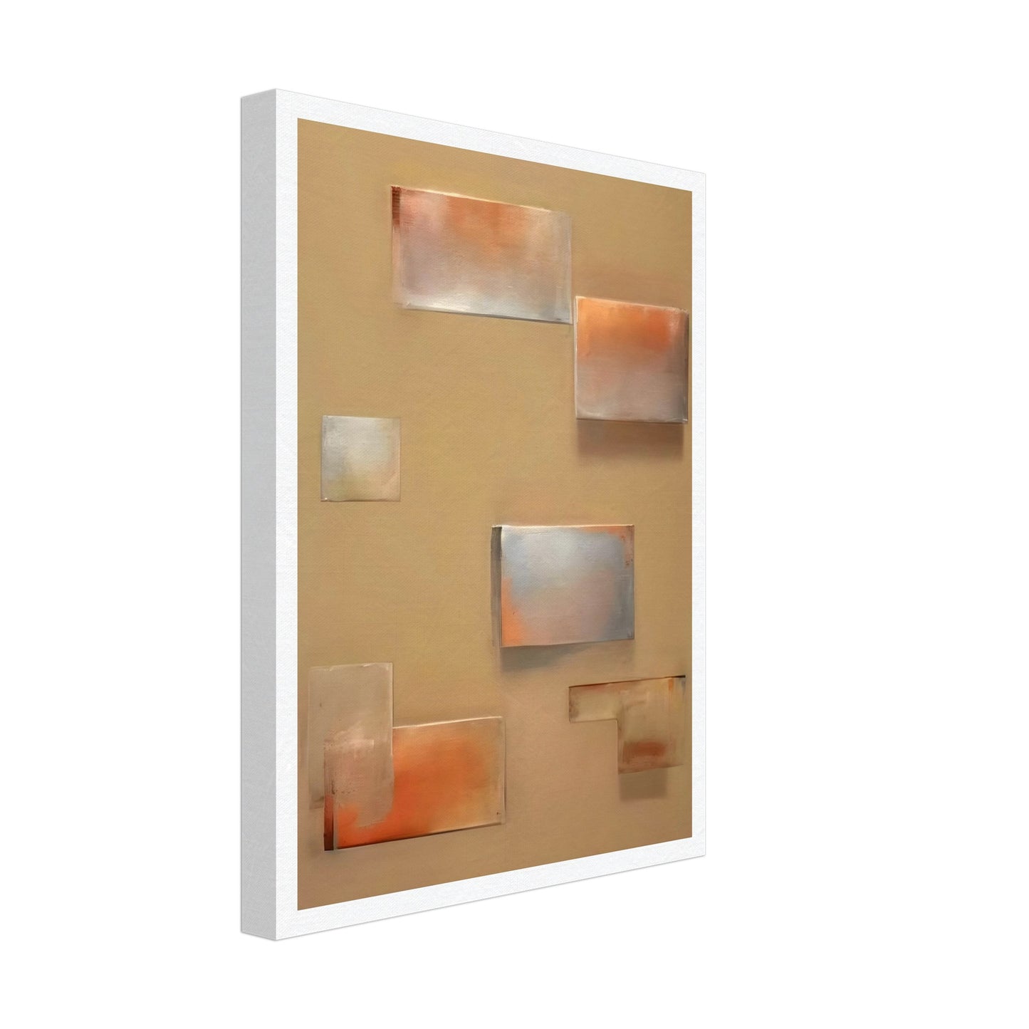An abstract composition featuring softly blurred rectangular shapes in muted shades of orange, gray, and beige, creating a serene and minimalist geometric design.