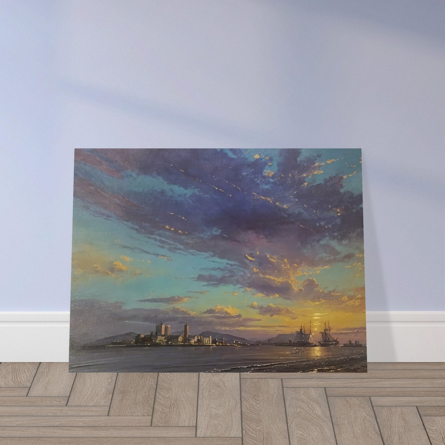 A stunning painting of a harbor at sunset, with ships anchored and a vibrant sky filled with hues of blue, purple, and orange.