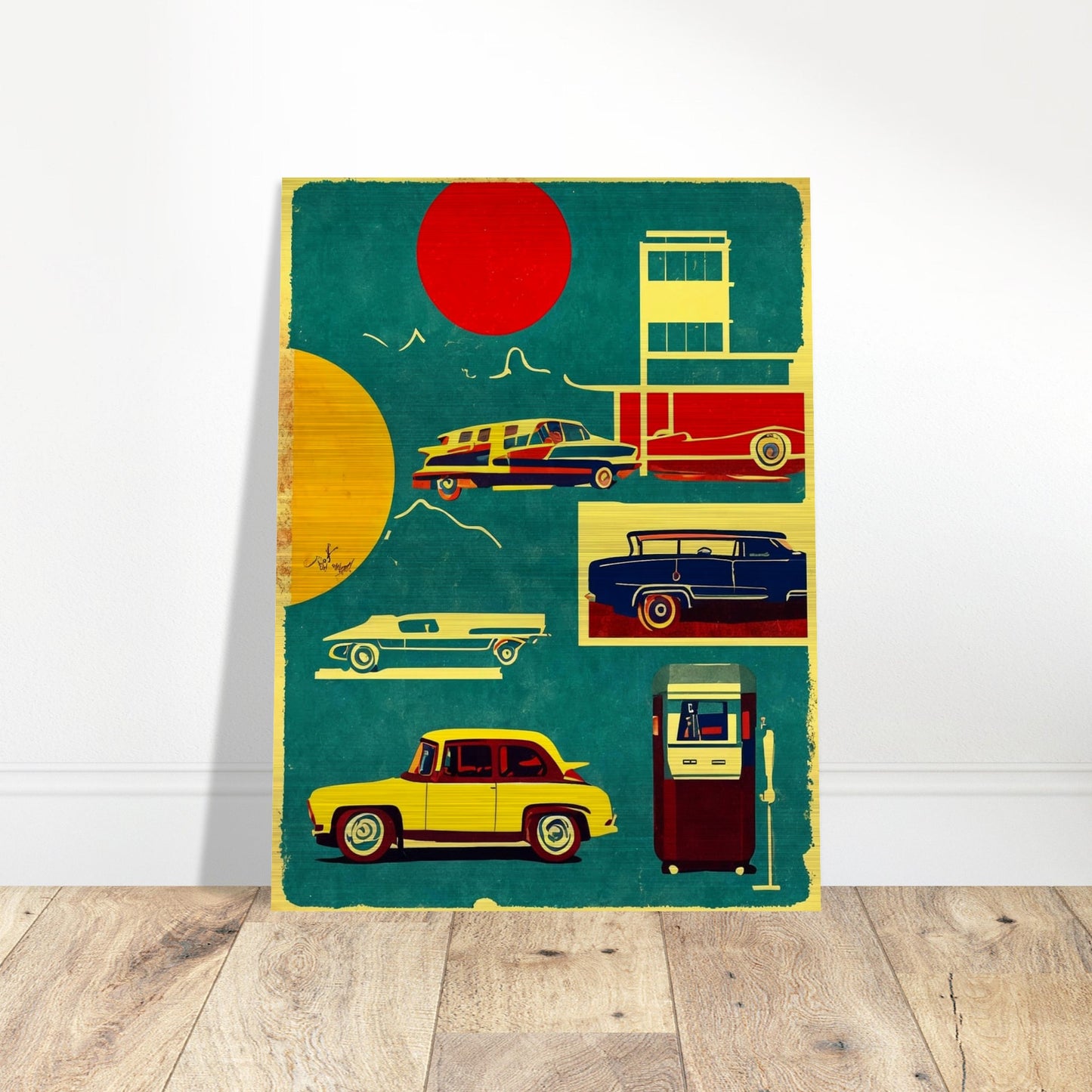 A vibrant artwork featuring classic vintage cars and a retro gas pump in bold colors, set against a backdrop of red and yellow suns.