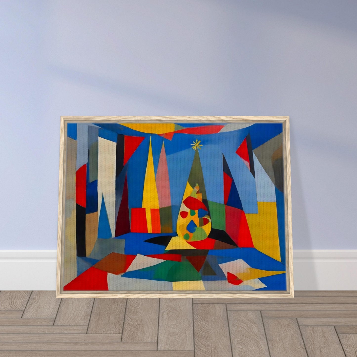 An abstract composition featuring geometric shapes and vibrant colors framing a stylized Christmas tree, creating a modern holiday scene.