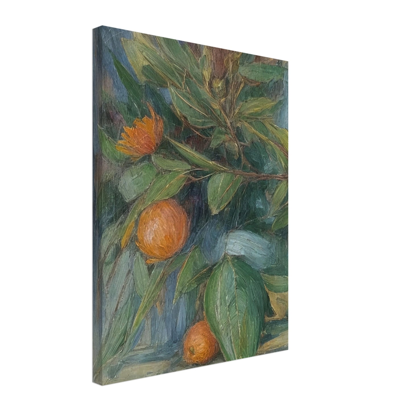 A still life painting featuring a vibrant arrangement of orange fruits and green leaves, showcasing the beauty and abundance of nature.