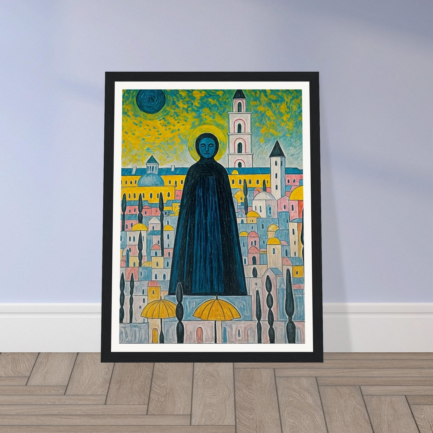 A vibrant painting featuring a towering, cloaked figure with a halo standing amidst a colorful, stylized cityscape under a surreal sky.