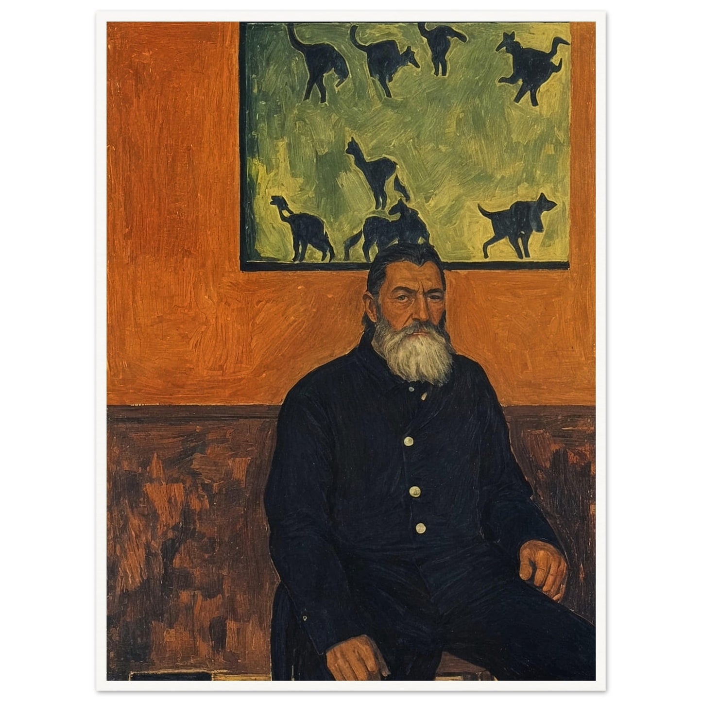 A bearded man seated against a burnt orange wall, gazing into the distance with a painting of cats behind him, exuding a quiet, contemplative presence.