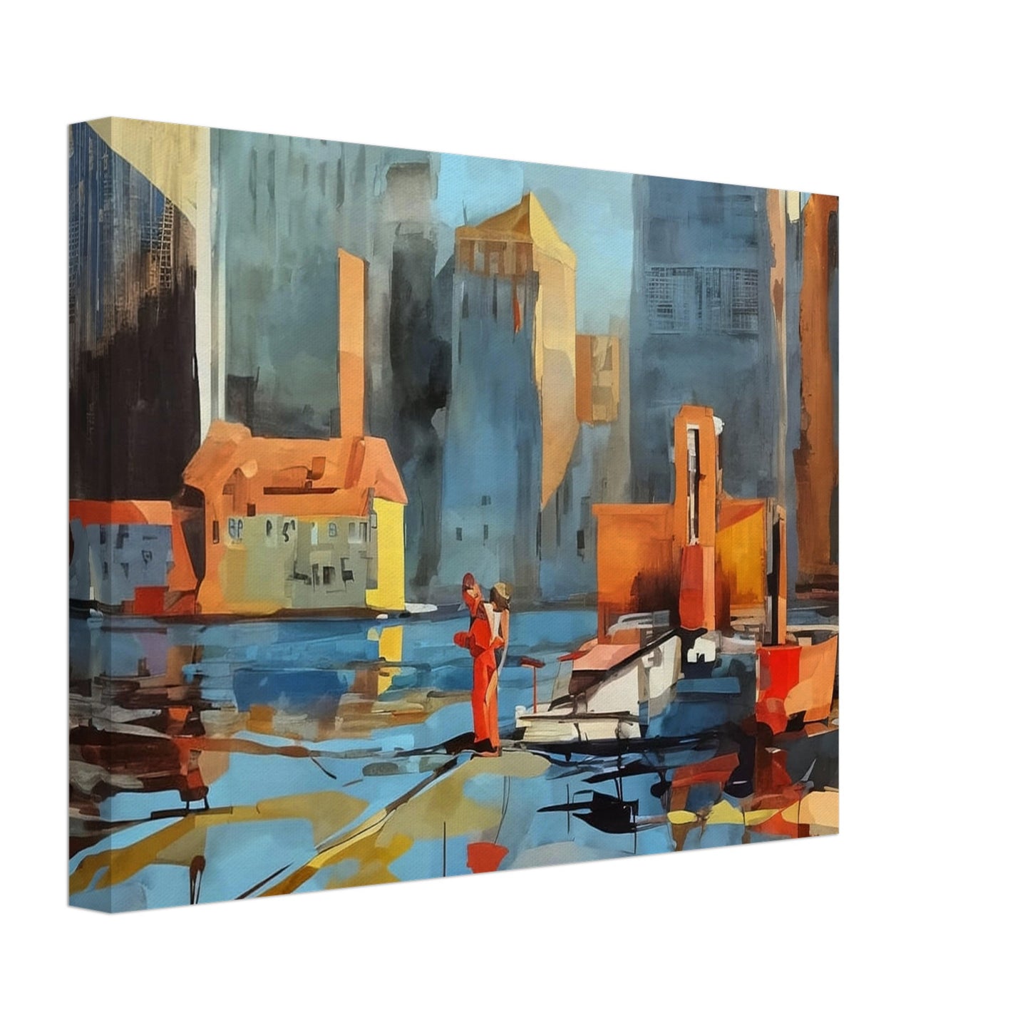 A colorful cityscape featuring tall buildings and a waterfront, with reflections dancing on the water. A person dressed in red stands out amidst the urban environment, creating a dynamic contrast.