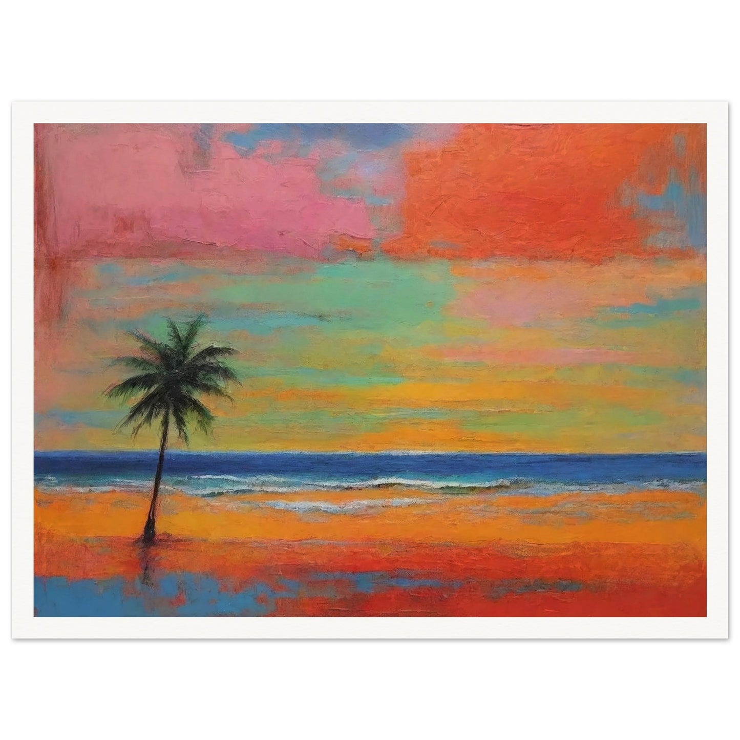 A vibrant tropical sunset with a lone palm tree silhouetted against a colorful sky blending pink, orange, green, and blue hues.