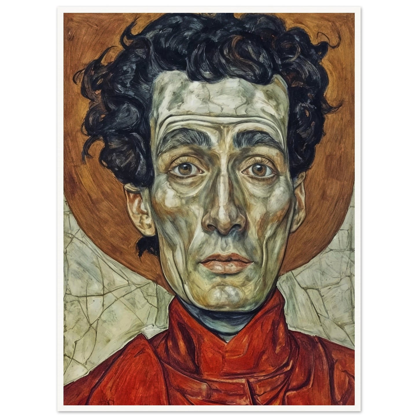 A striking portrait of a man with intense, solemn eyes, painted in vivid reds and browns, capturing a deep sense of weariness and resolve.