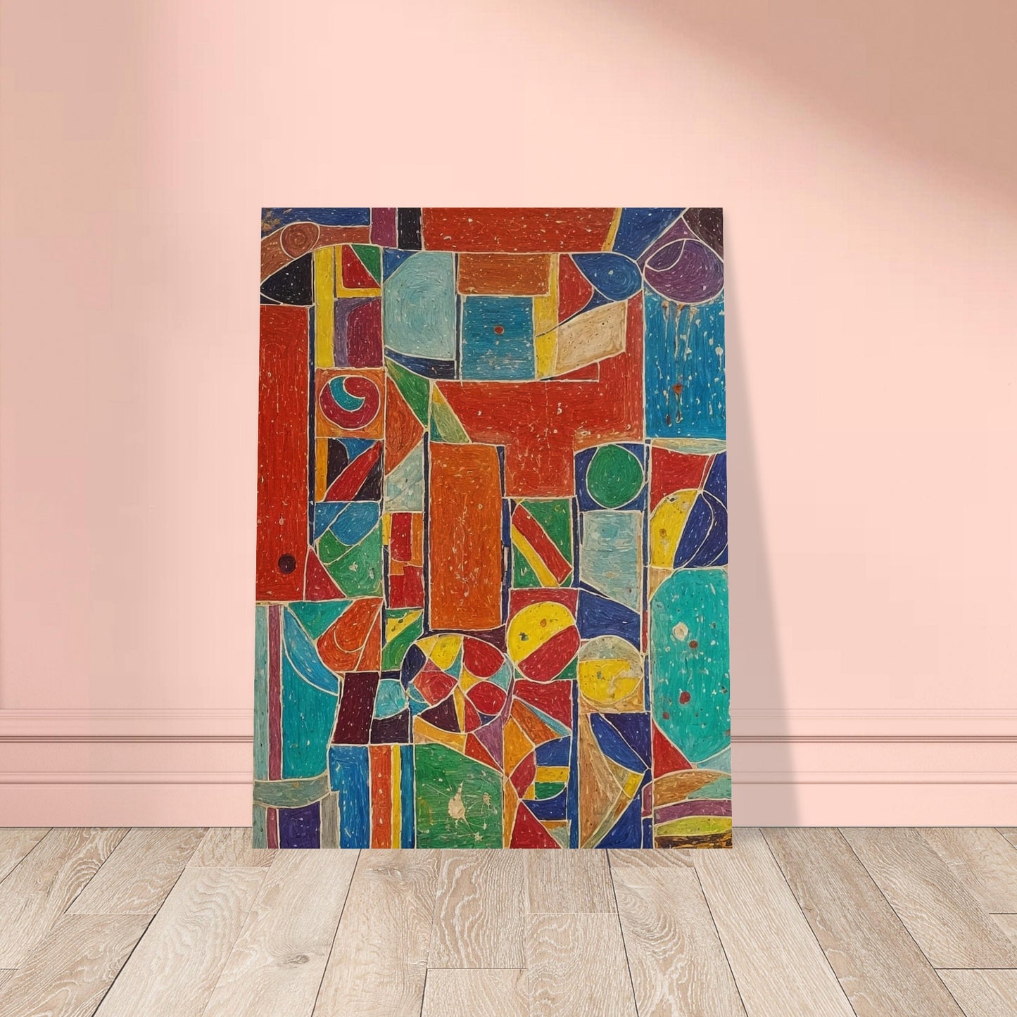 A vibrant abstract painting filled with geometric shapes and bold colors, creating a dynamic and lively composition.