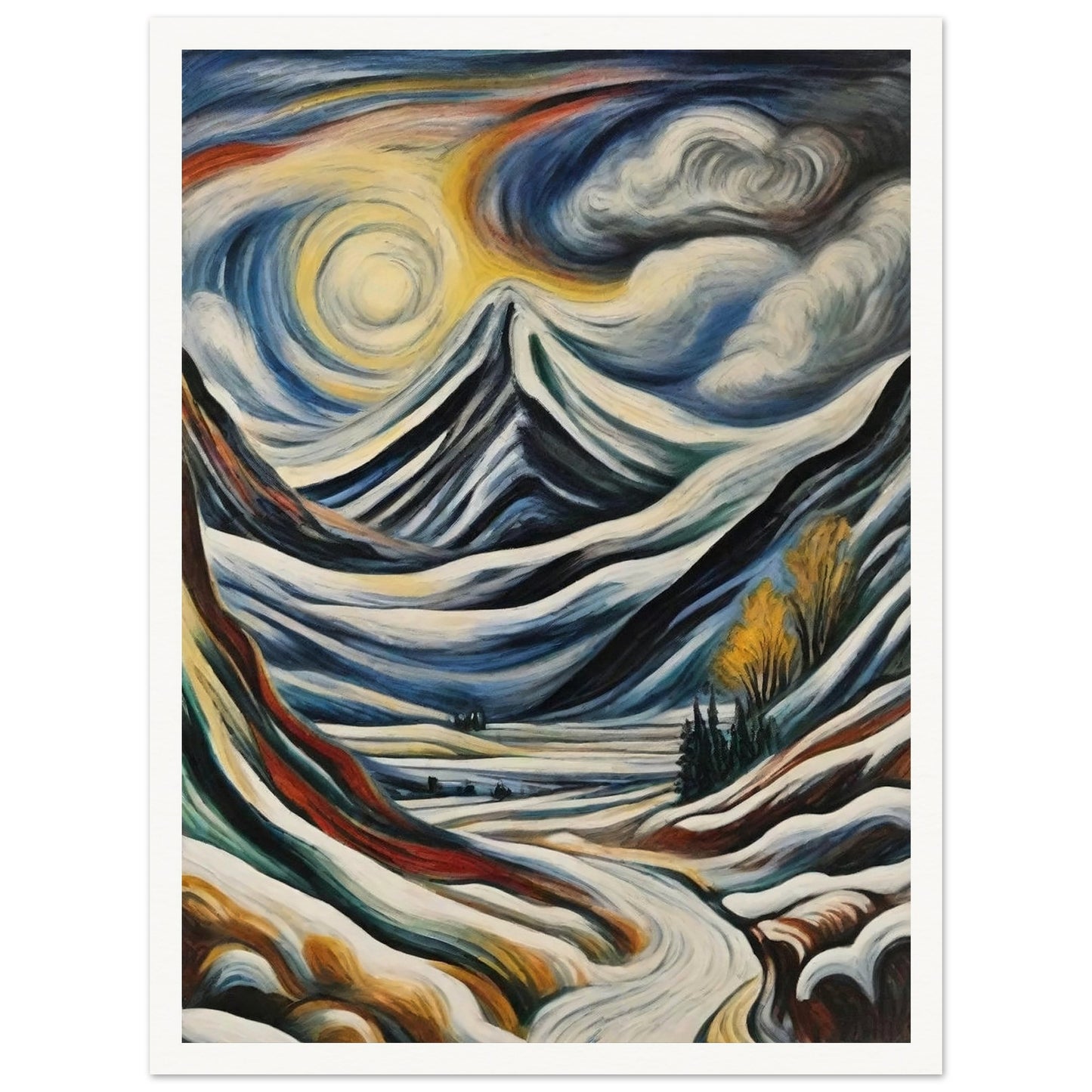 "A stunning depiction of snow-covered mountains beneath swirling clouds and a glowing sun, with a winding path leading into the scene."