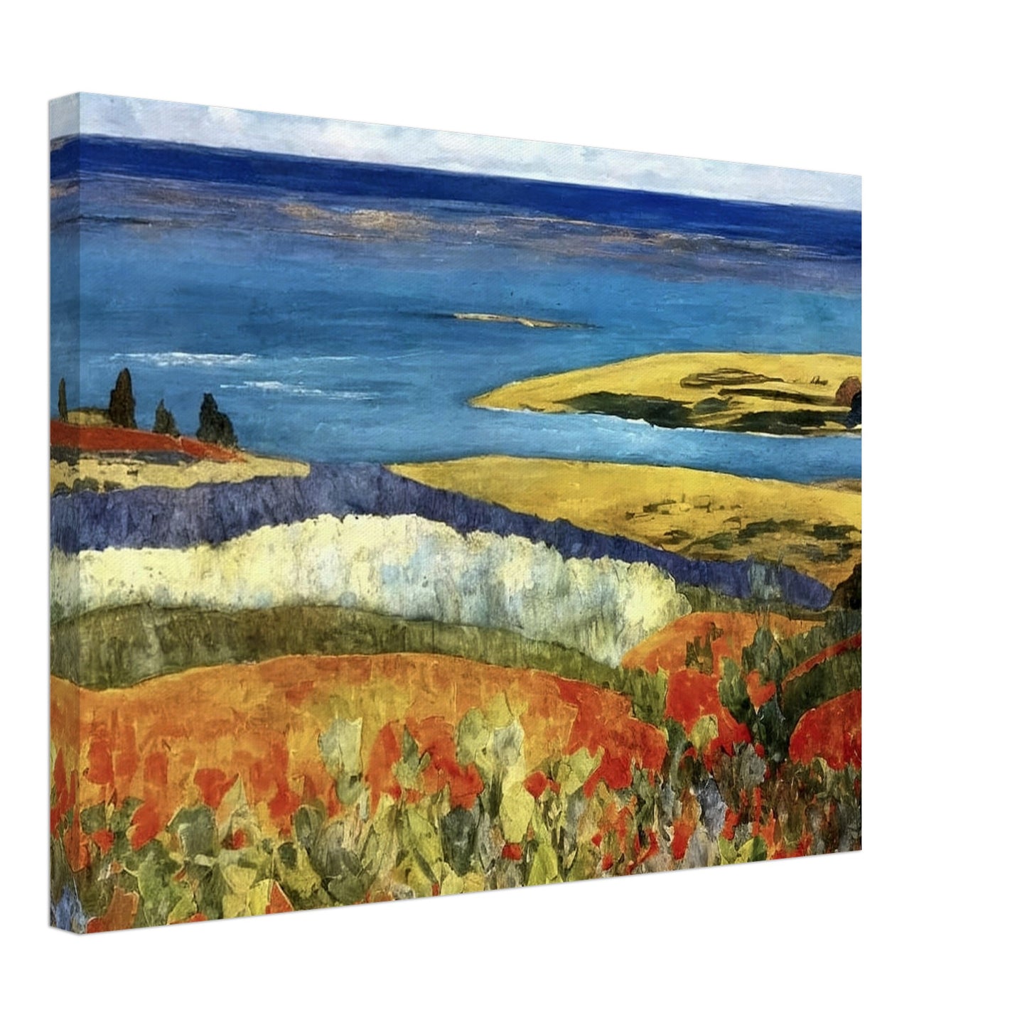 A vivid coastal landscape featuring rolling hills of red and green leading to a calm blue sea. A bright sky hovers over the serene shoreline.