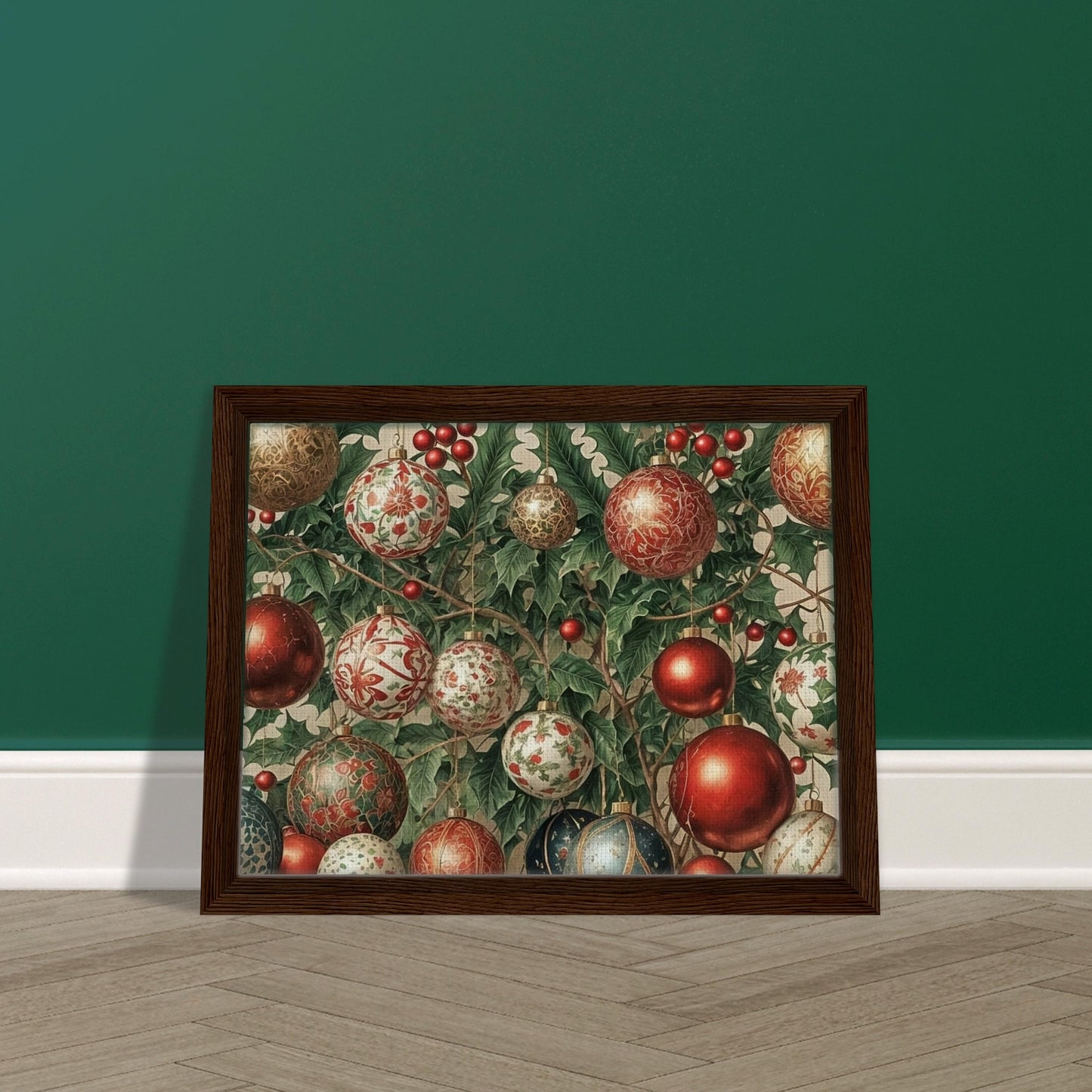 A collection of intricately designed Christmas ornaments in red, gold, and green, hanging from holly branches adorned with berries, creating a festive holiday scene.