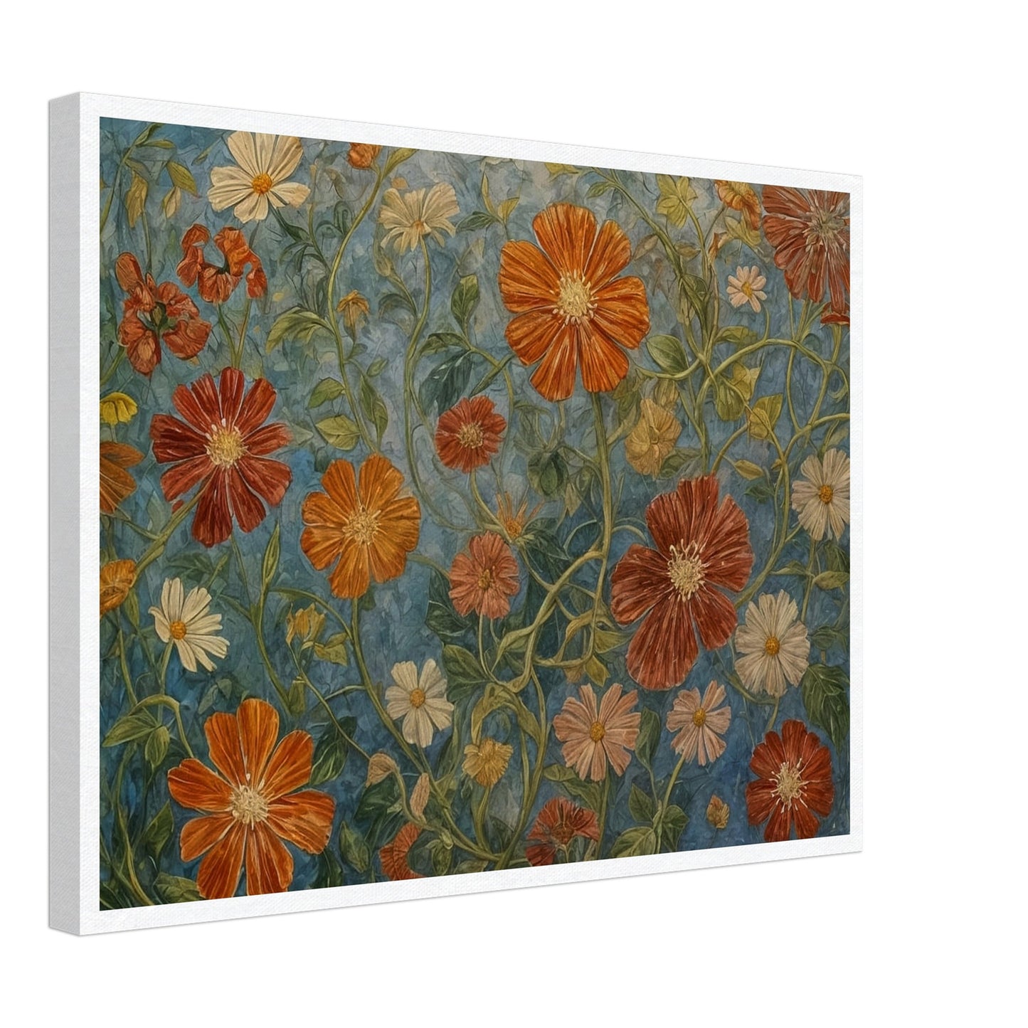 A detailed painting of various orange and white flowers with lush green stems against a blue background.