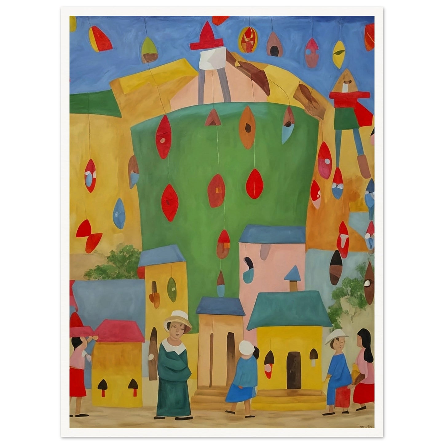 Vibrant painting of a festive village scene with colorful houses and people celebrating under hanging decorations.