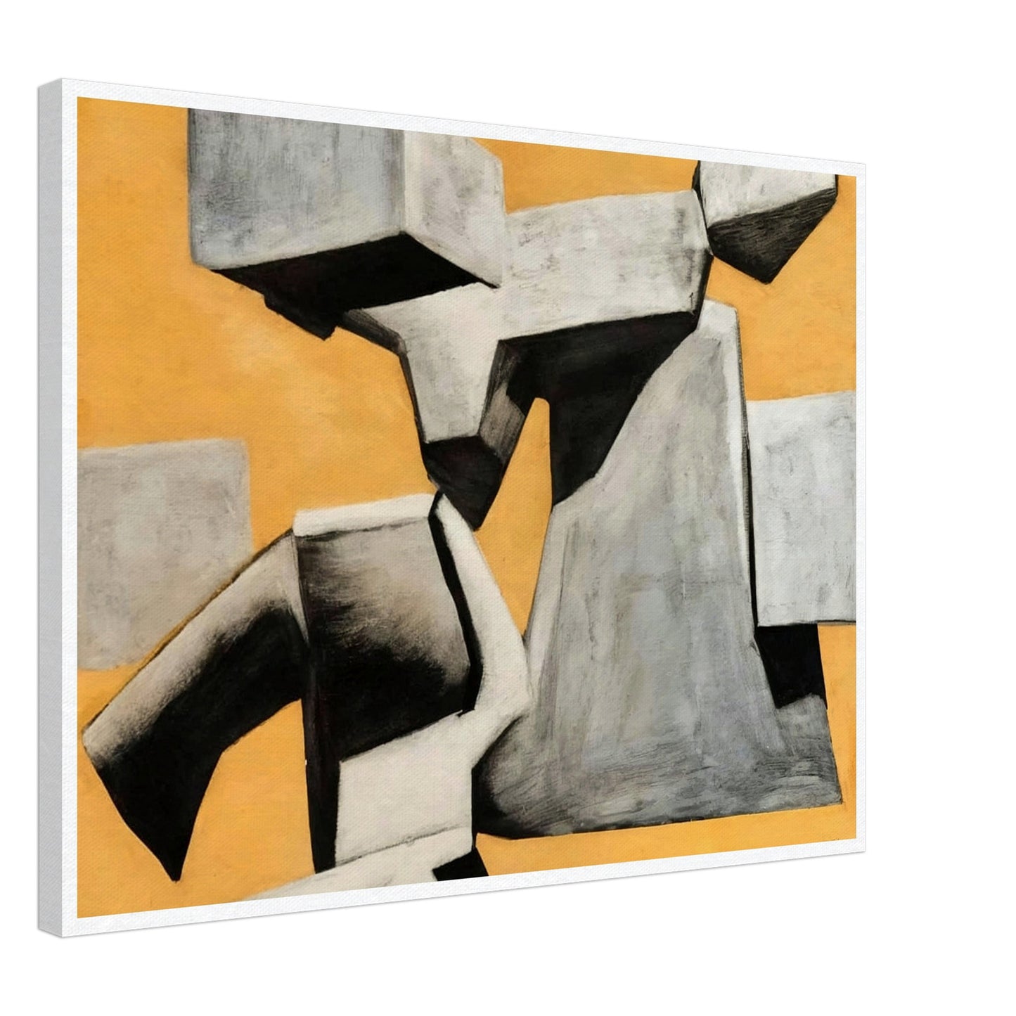 An abstract composition of floating and intersecting gray geometric shapes, set against a warm, textured orange background, creating a sense of movement and contrast.