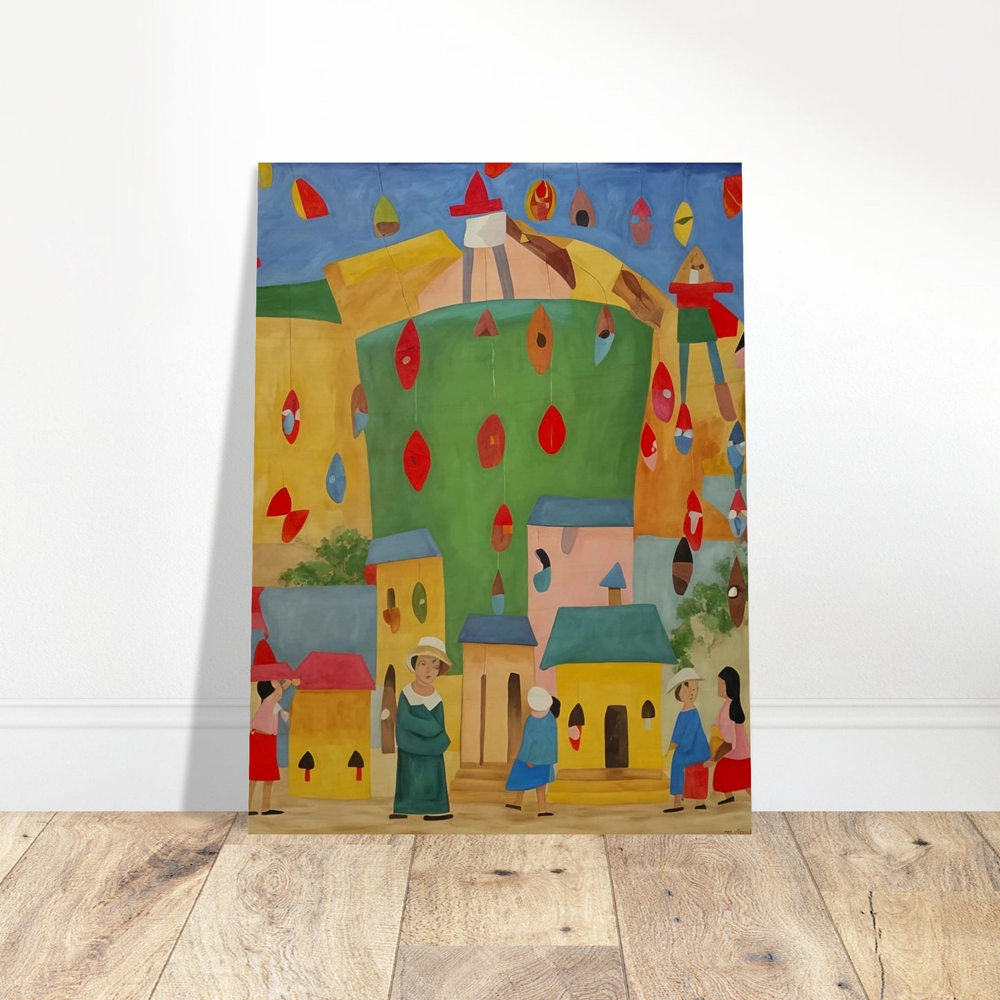 Vibrant painting of a festive village scene with colorful houses and people celebrating under hanging decorations.