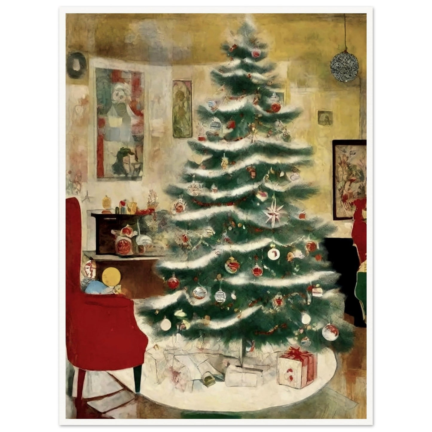 A cozy living room scene featuring a beautifully decorated Christmas tree adorned with ornaments and surrounded by presents, evoking the warmth of the holiday season.
