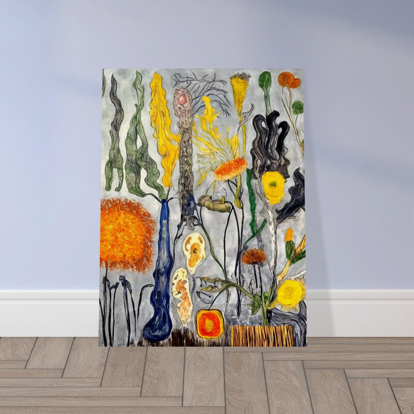 A surreal floral composition featuring abstract shapes and vibrant colors, with twisting, unusual stems and yellow, orange, and green flowers.