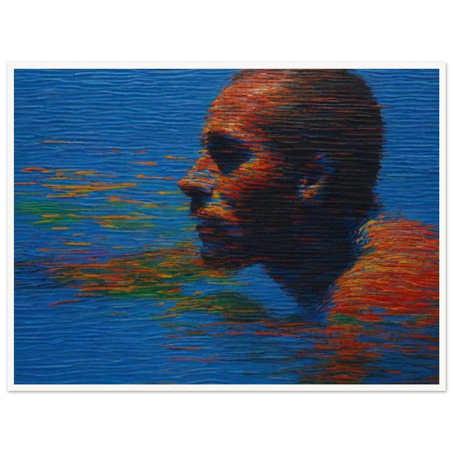 A striking painting of a person swimming in water, with vibrant reflections of colors on the surface, creating a sense of movement and depth.