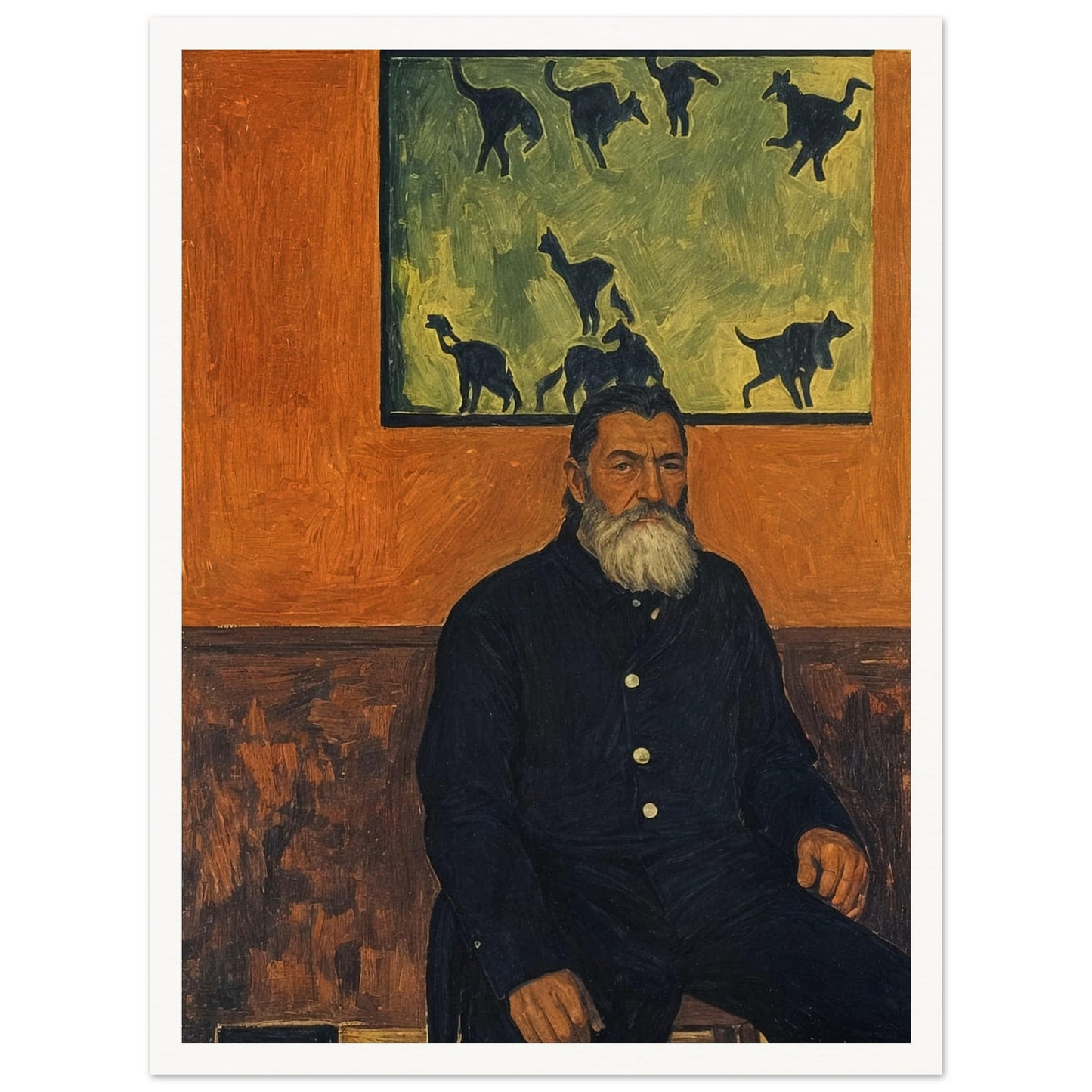 A bearded man seated against a burnt orange wall, gazing into the distance with a painting of cats behind him, exuding a quiet, contemplative presence.