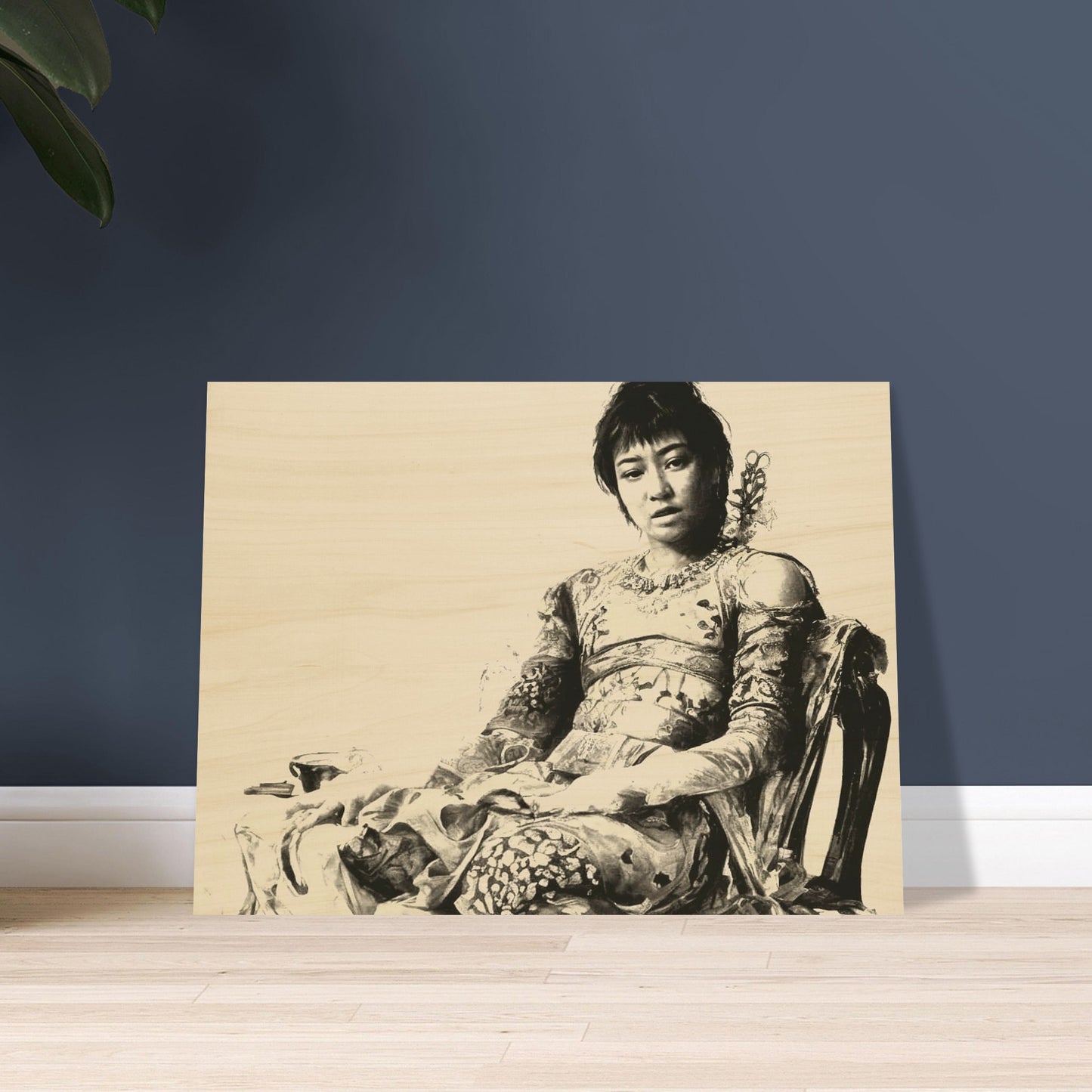 A vintage-style sepia portrait of a seated woman in ornate, intricate clothing, exuding calm grace and poise, captured with a soft, timeless aesthetic.