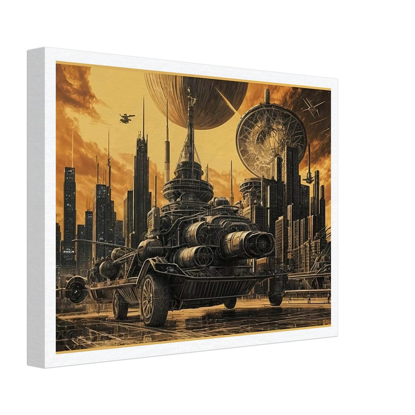 A massive futuristic machine rolls through a towering, industrial city under a golden sky, surrounded by advanced technology and spacecraft.