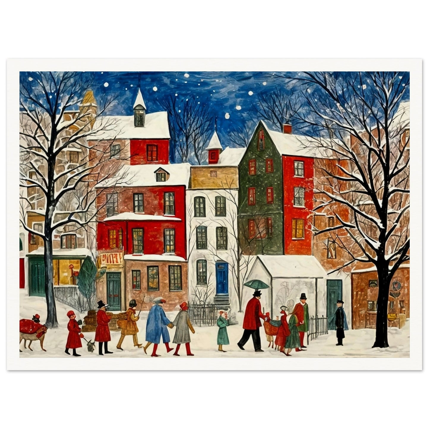A charming cityscape with people walking down a snow-covered street, surrounded by colorful houses and trees under a starry night sky, capturing the holiday spirit.
