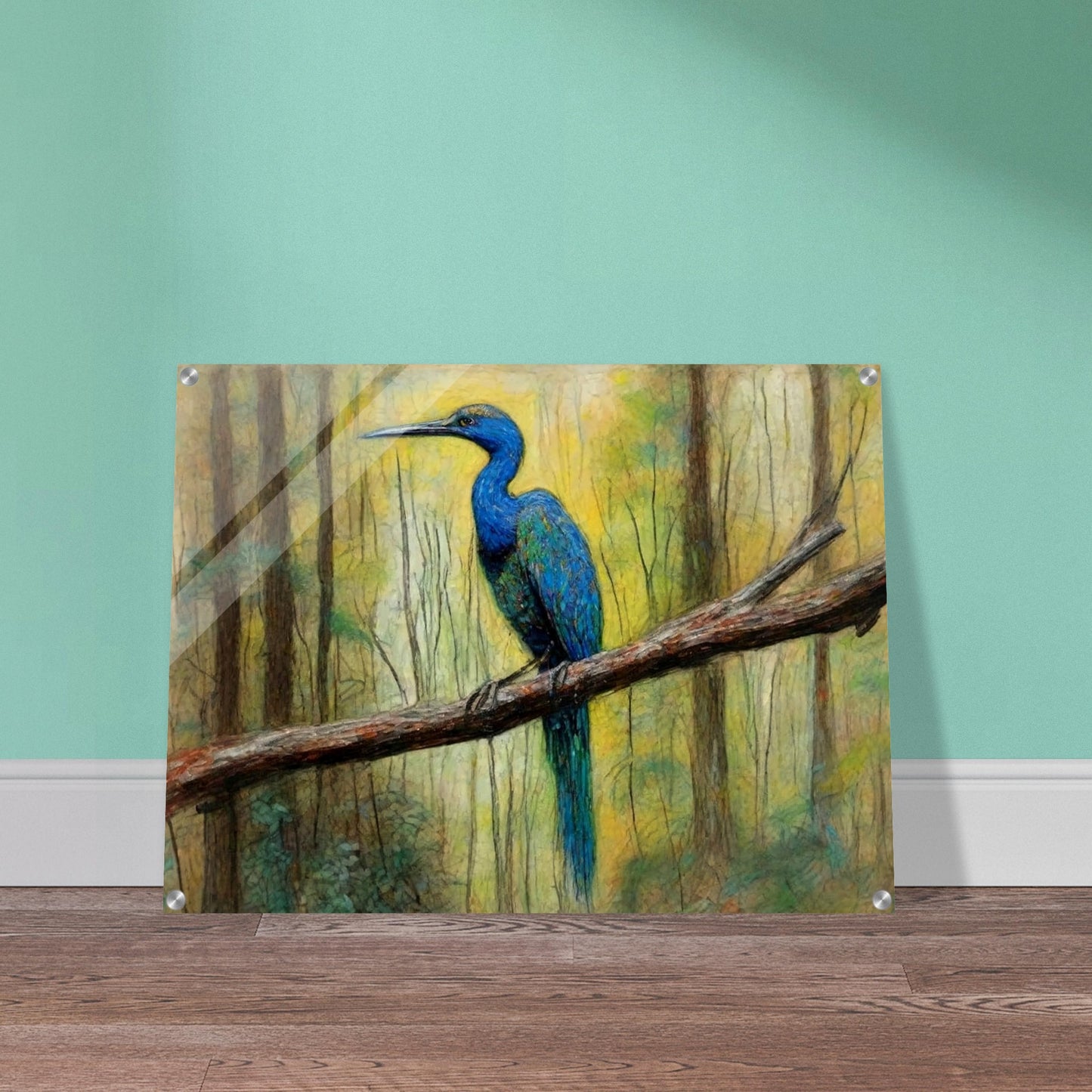 "A detailed painting of a vibrant blue bird perched on a tree branch in a forest, surrounded by soft, natural light filtering through the trees."