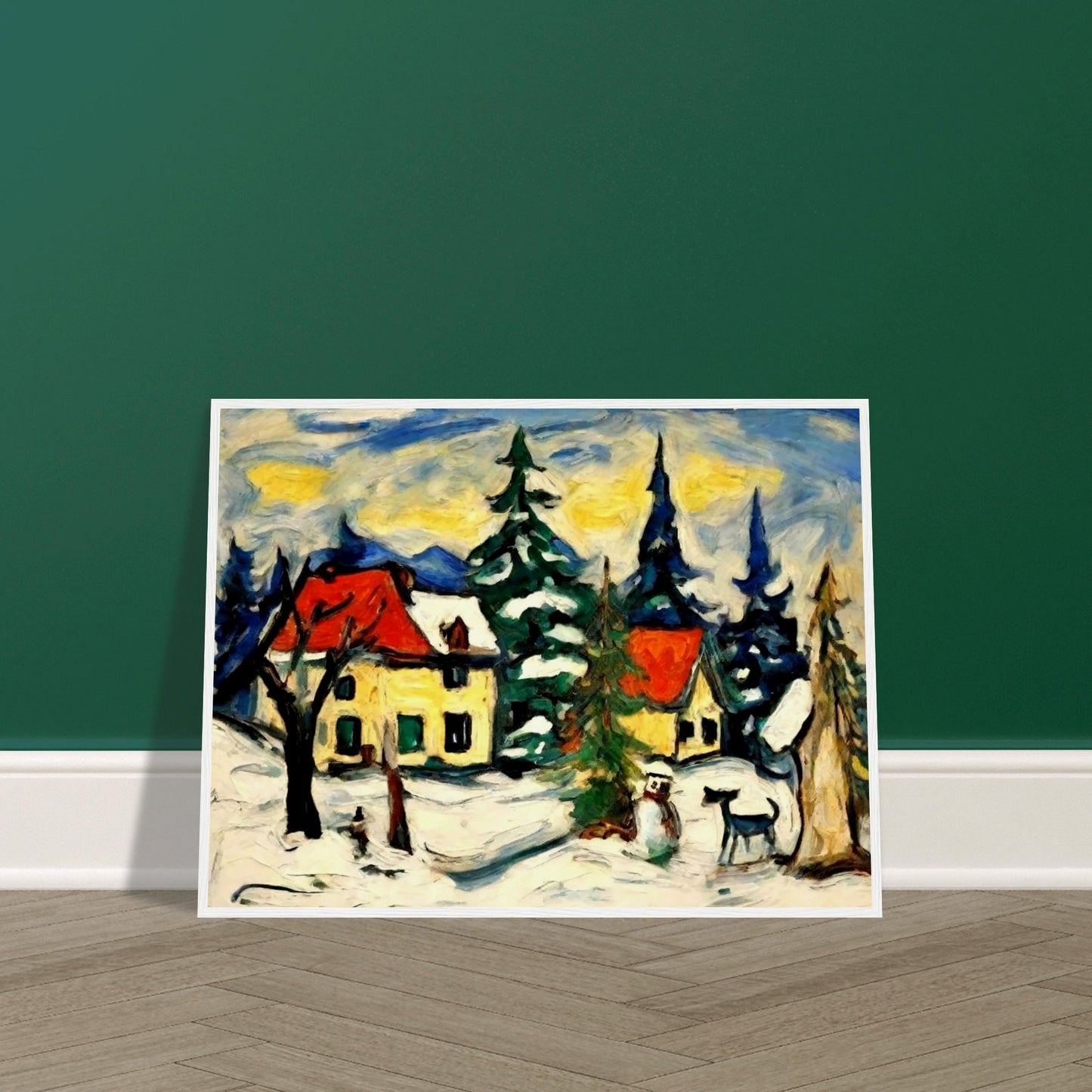 A picturesque village scene with snow-covered cabins, tall pine trees, and a snowman under a golden-yellow sky, capturing the peaceful charm of a winter landscape.
