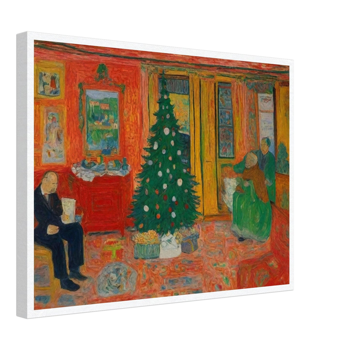 A colorful, cozy living room featuring a decorated Christmas tree, with family members preparing for the holiday in a warm and inviting atmosphere.